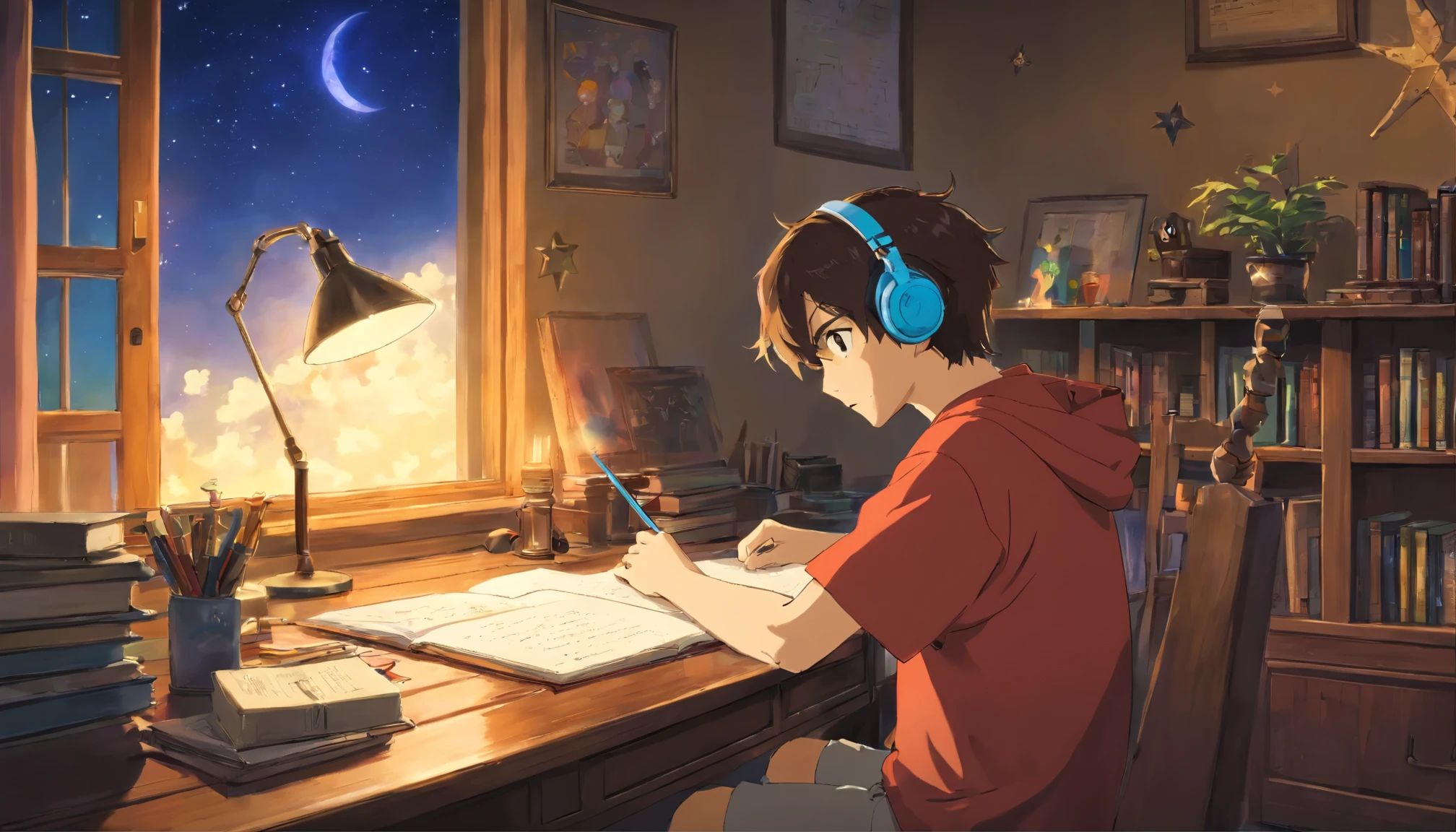 (masterpiece) maleの子 (male) He is sitting in his room studying., on his desk, with headphones on, Geek Decor, video games on the wall, poster, Window with moon and stars, Calm, peaceful, thought, cinematic, color grading, Beautifully color-coded,