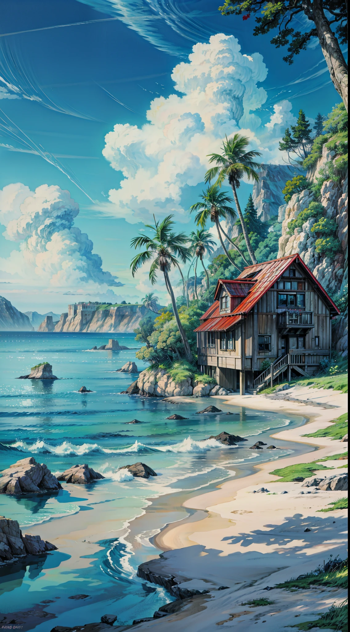 a painting of a house on the beach, ross tran. scenic background, anime scenery, wallpaper anime blue water, anime landscape, blue sea. by makoto shinkai, anime painting, ocean background setting, anime background art, anime nature, magical beach, fantasy sea landscape, anime landscape wallpaper, anime nature wallpap, beautiful anime art, by RHADS, realistic ocean, 4k hd,, beautiful art uhd 4 k, a beautiful artwork illustration, beautiful digital painting, highly detailed digital painting, beautiful digital artwork, detailed painting 4 k, very detailed digital painting, rich picturesque colors, gorgeous digital painting