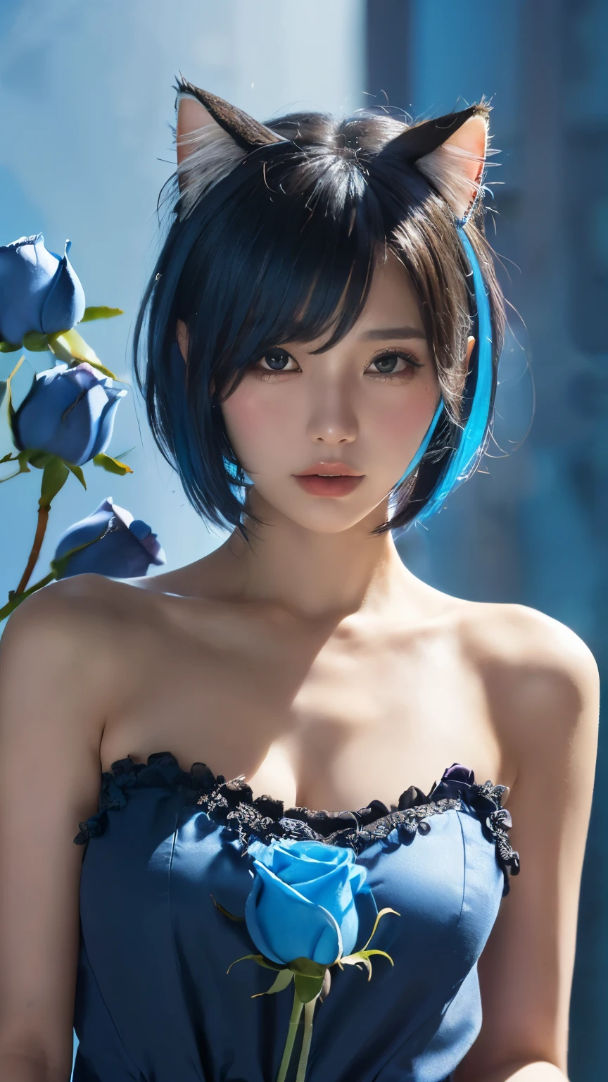 (Emo Art:1.6), masterpiece, 4k, Bokeh, beautiful face, (multiple girls:1.4), Harem, (group photo:1.2), (Cat ear:1.3), (blue medium bob hair:1.4), (blue theme:1.6), looking at the viewer, (Blue roses:1.4), (blue cafe background:1.5), (Upper body shot:1.4)