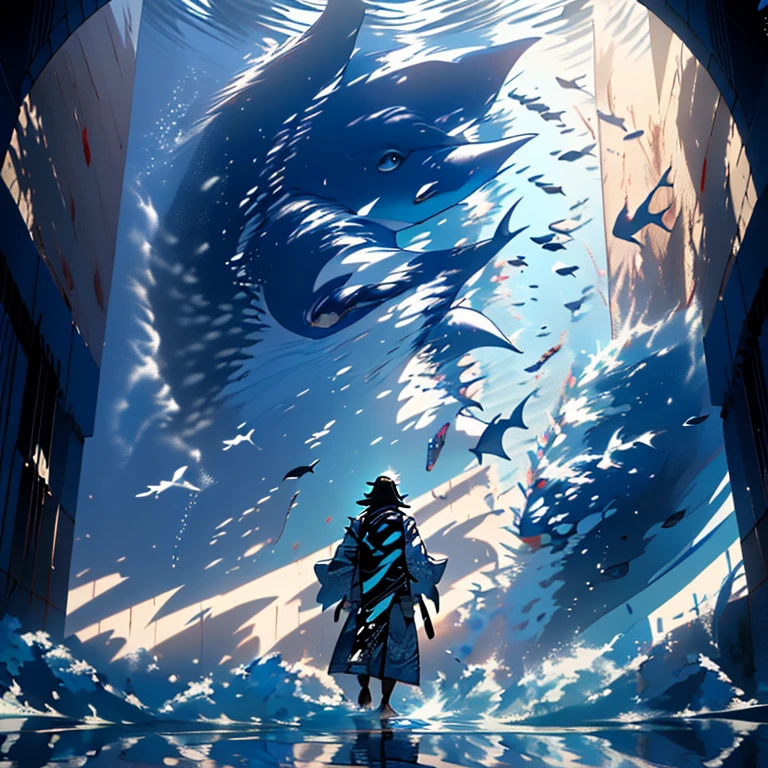 A masterpiece scene, moses walking between to huge walls of split ocean, behind him walks 1000s of people, moses walks away from camera, dynamic camera, camera angle from ground perspective, detailed, hugh quality, 8k, walking away, showing back, on ground, walls of water on sides