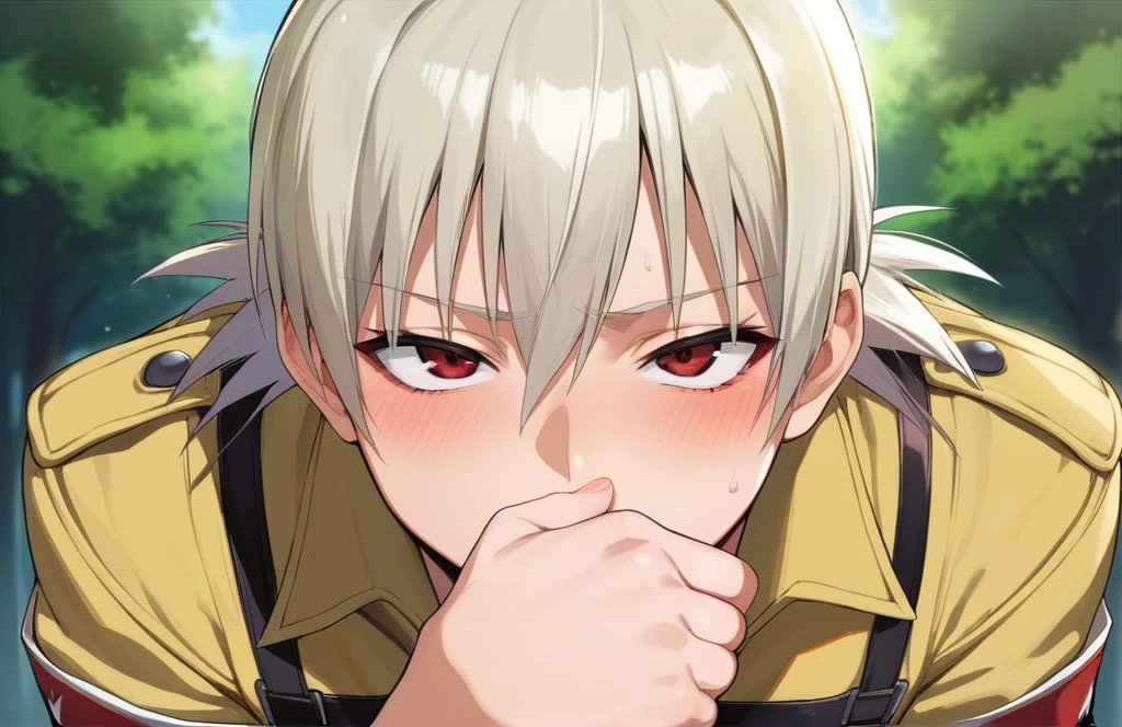 score_9, score_8_up, score_7_up, score_6_up, source_anime, BREAK by ikuchan kaoru, iku, clean color, flat color,1girl, seras, hellsing, outdoors, in Forest, face focus, face closeup, face, face only, smug, shy, embarrassed, covering mouth
