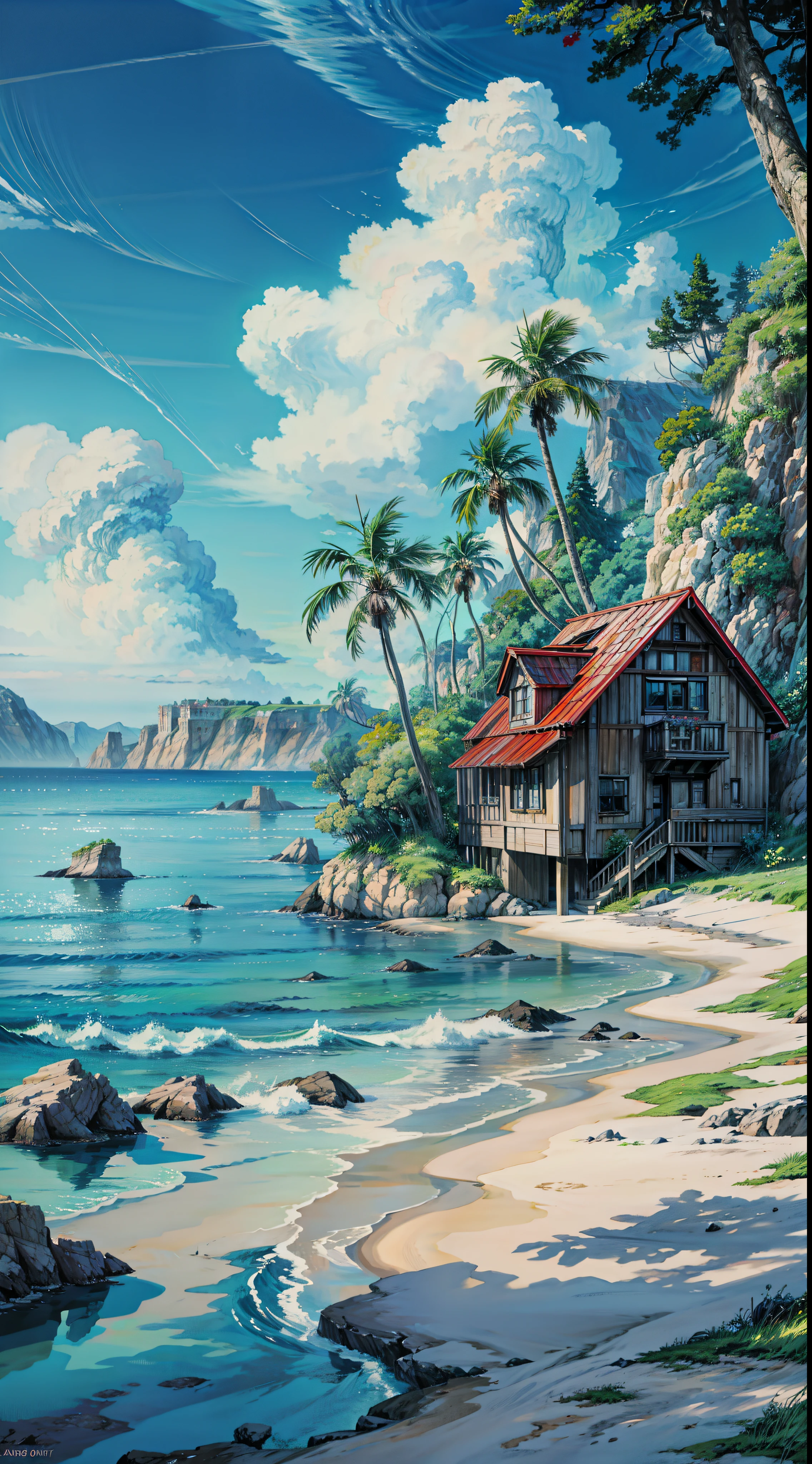 a painting of a house on the beach, ross tran. scenic background, anime scenery, wallpaper anime blue water, anime landscape, blue sea. by makoto shinkai, anime painting, ocean background setting, anime background art, anime nature, magical beach, fantasy sea landscape, anime landscape wallpaper, anime nature wallpap, beautiful anime art, by RHADS, realistic ocean, 4k hd,, beautiful art uhd 4 k, a beautiful artwork illustration, beautiful digital painting, highly detailed digital painting, beautiful digital artwork, detailed painting 4 k, very detailed digital painting, rich picturesque colors, gorgeous digital painting