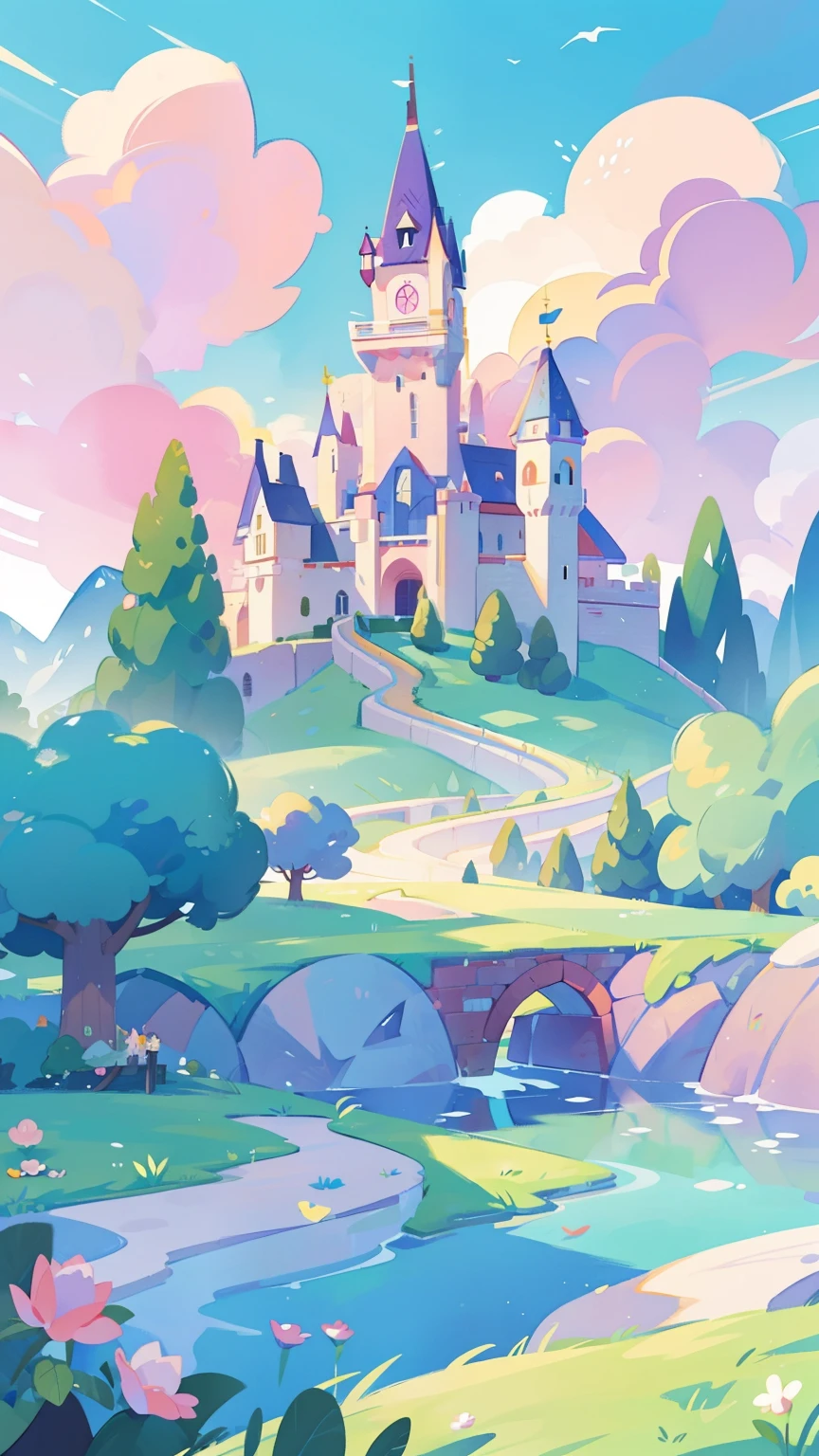 Coloring book illustration, Watercolor storybook illustration, Princess Castle, Fairy tale castle, Fairy tale tower, cloud, Vibrant pastel colors, Dream, rich and colorful, whimsical, magic, masterpiece, best quality, sharp focus, Intricately detailed environments, detailed, 8K resolution