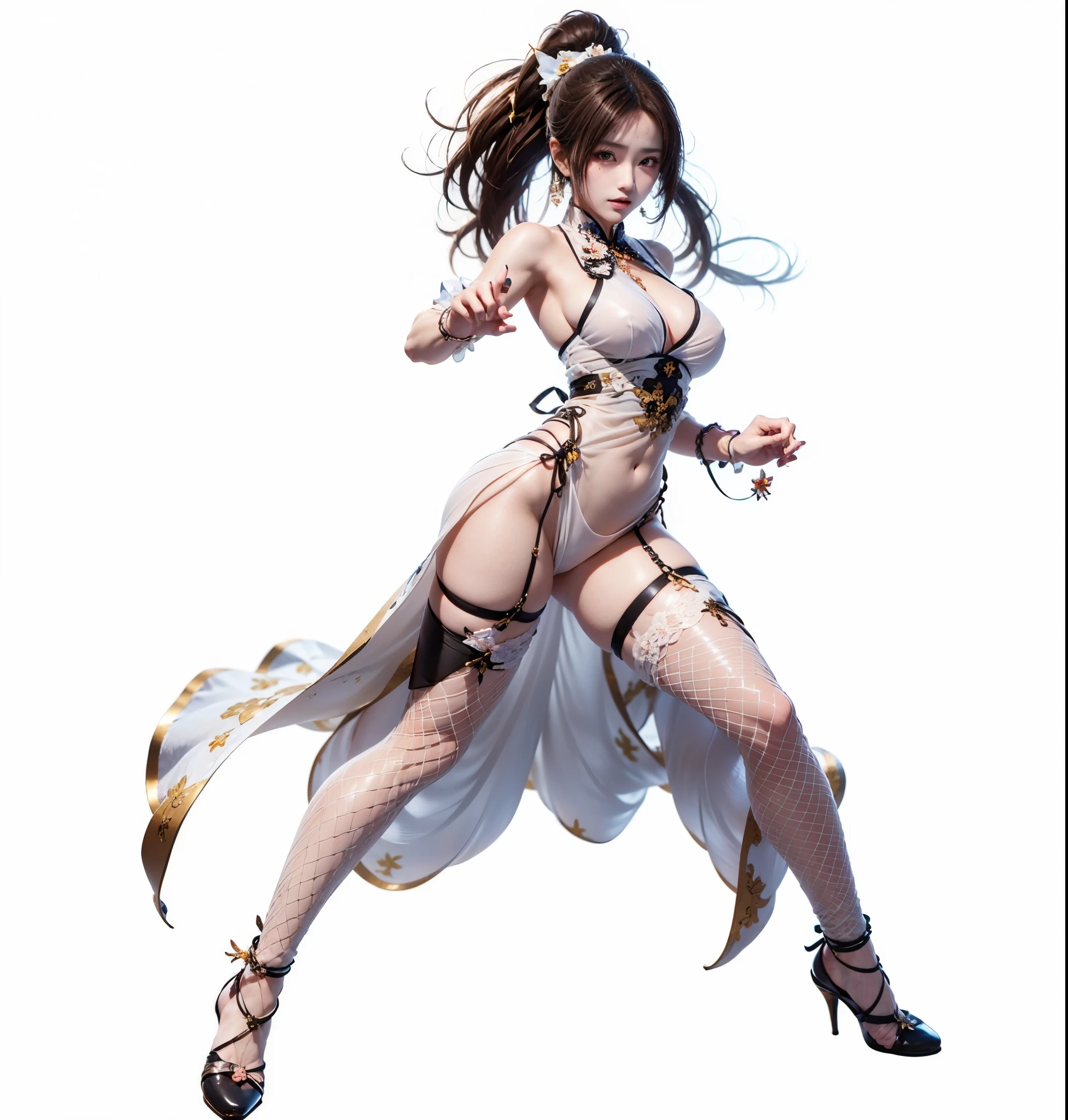 a girl,((long brown hair,high ponytail,Orange and white cheongsam,Wearing white combat gloves, garter fishnet stockings,black high heels,fighting game characters, )),(((Finger details,The five fingers of the right hand are spread,left hand fist))),Characters in The King of Fighters, Arimura Kasumi style 3/4, Guilty gear art style, Mai Shiranui, katana zero video game character, As a character in Tekken, This female character feels both modern and powerful。她的long brown hair与红色的眼睛形成了鲜明的对比,seems very醒目。The white dress she is wearing is both elegant and has a fighting atmosphere.,Orange decoration and black line design add a stylish touch。Her hair is tied into a high ponytail,seems very,The long hair on both sides adds a touch of softness。The white wristbands she wears,It seems to imply that she is an extraordinary warrior。She made a fist with her right hand,The posture of preparing for battle further reinforces this impression.。The background is solid black,This design makes the character image more prominent,As if she is a light in the darkness,Dramatic。