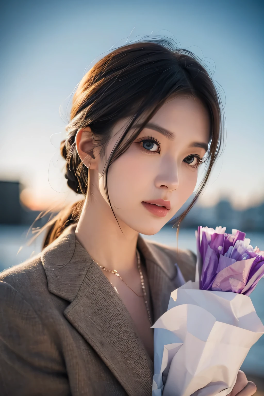 woman,The model is so charming,holding flowers,Cold expression,Cool colors,4K