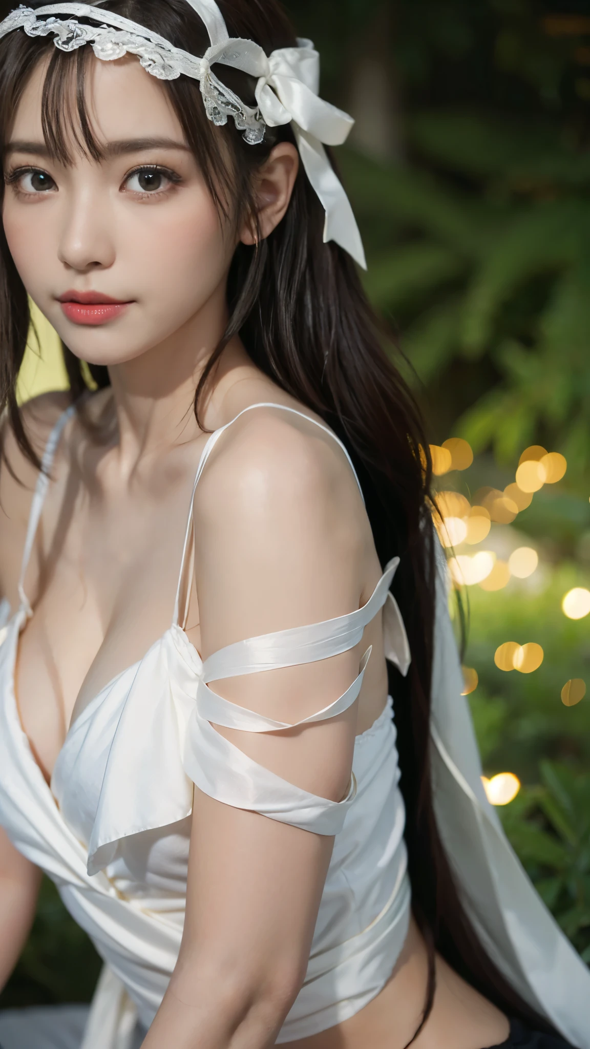 table top, highest quality, One girl, (beautiful girl:1.3), (28 years old:1.3), very fine resolution, (symmetrical eyes:1.3), night view, Foliage plant, sitting on the bed, (Big ribbon on the chest, wrap the ribbon around your body:1.5), (good, panties:1.2), beautiful breasts, big breasts, valley, parted bangs, girl、view from the side