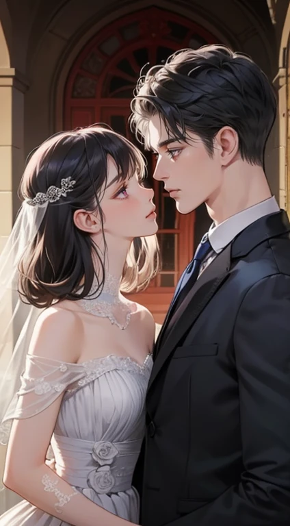 happy couple, 1 girl、1 boy, different hair color, highly detailed face, long black bangs with twists and purple eyes, short dark blue hair and dark blue eyes, face to face, 25 years old, victorian era, (The girl is wearing a black wedding dress), (the boy is wearing a suit), dim light, The boy is a king, the boy is tall, at the wedding, girl with dark pink eyes.