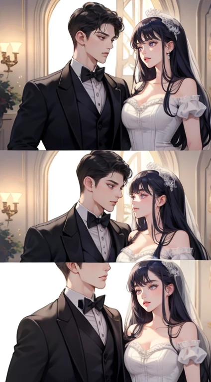 happy couple, 1 girl、1 boy, different hair color, highly detailed face, long black bangs with twists and purple eyes, short dark blue hair and dark blue eyes, face to face, 25 years old, victorian era, (The girl is wearing a black wedding dress), (the boy is wearing a suit), dim light, The boy is a king, the boy is tall, at the wedding, girl with dark pink eyes.