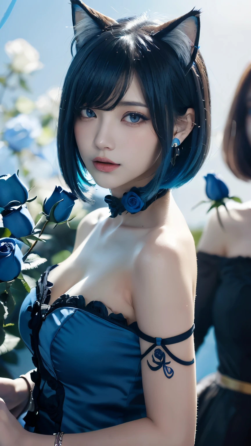 (Emo Art:1.6)masterpiece, 4k, Bokeh, beautiful face, (multiple girls:1.4), Harem, (group photo:1.2), (Cat ear:1.3), (blue medium bob hair:1.4), (blue theme:1.6), looking at the viewer, (Blue roses:1.4), (blue cafe background:1.5), (Upper body shot:1.4)