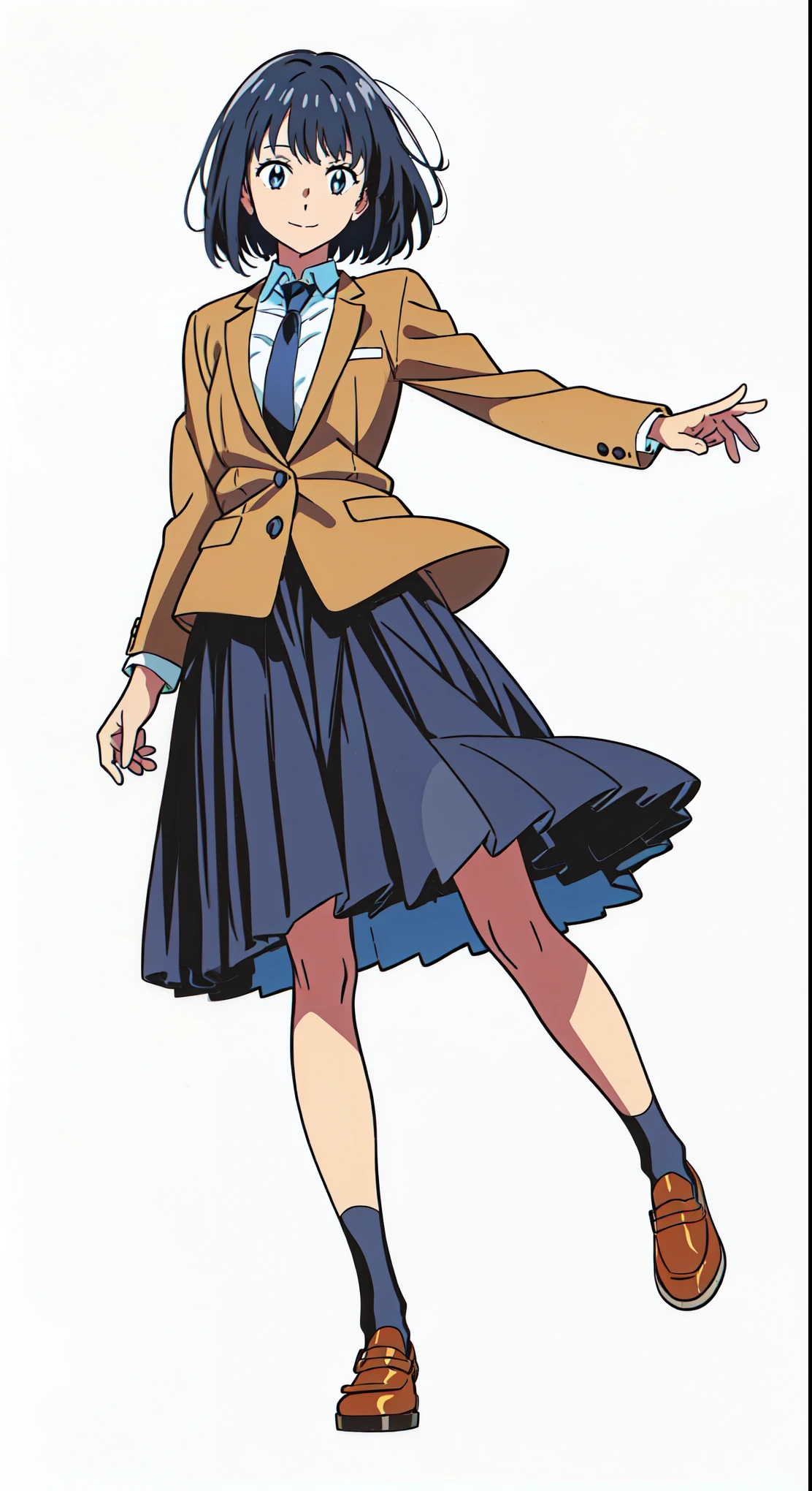 (best quality:1.0), (masterpiece:1.0), (super fine illustration:1.0), (beautiful artwork:1.0), (anime screencap:1.0), (official art:1.0), (tareme:1.5), (cheerful:1.5), (light smile:1.5), (white background:1.0), (best quality:1.0), (masterpiece:1.0), (super fine illustration:1.0), (beautiful artwork:1.0), (anime screencap:1.0), (official art:1.0), (full body:1.0), (solo:1.0), (HSGA:1.0), (a 18yo cute girl:1.0), (long skirt:1.0), (dark blue skirt:1.0), (pleated skirt:1.0), (school uniform beige blazer:1.0), (dark blue necktie:1.0), (loafers:1.0), (black socks:1.0), (ideal ratio body proportions:1.0), (lanky:1.0), (tall:0.0), (slender:1.0), (small breasts:1.0), (smaller face:0.0), (tareme:1.0), (detailed beautiful eyes:1.0), (detailed beautiful face:1.0), (glowing black eyes:1.0), (bob cut hair:1.0), (black hair:1.0), (standing:1.0), (looking at viewer:1.0)