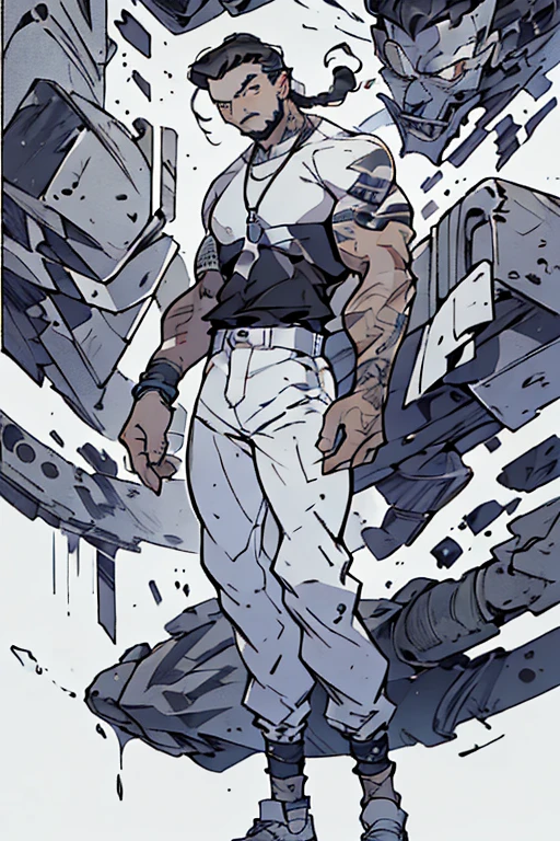 Full body of a young man with a well-trimmed beard, hair in a ninja style with a coiled braid, an excellent hairstyle, slim, tattoos on his shoulders of skulls and marijuana, a white t-shirt and black jeans, white Nike tennis shoes. Walking forward with great determination, he is a dio disguised as a human, he casts a calming aura of blue colors, eyes with red pupils, urban style in his outfit. award-winning image. the highest quality of difficulty when creating an excellent image. the details are incredible. special originality.
