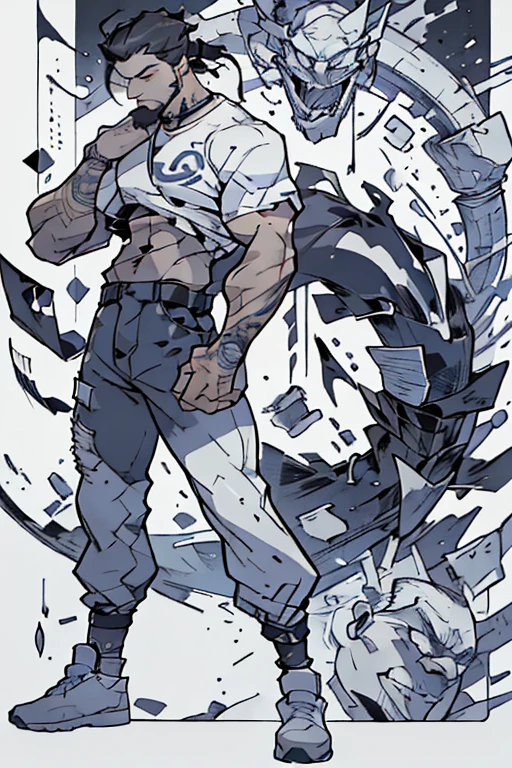 Full body of a young man with a well-trimmed beard, hair in a ninja style with a coiled braid, an excellent hairstyle, slim, tattoos on his shoulders of skulls and marijuana, a white t-shirt and black jeans, white Nike tennis shoes. Walking forward with great determination, he is a dio disguised as a human, he casts a calming aura of blue colors, eyes with red pupils, urban style in his outfit. award-winning image. the highest quality of difficulty when creating an excellent image. the details are incredible. special originality.
