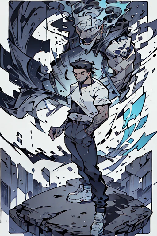 Full body of a young man with a well-trimmed beard, hair in a ninja style with a coiled braid, an excellent hairstyle, slim, tattoos on his shoulders of skulls and marijuana, a white t-shirt and black jeans, white Nike tennis shoes. Walking forward with great determination, he is a dio disguised as a human, he casts a calming aura of blue colors, eyes with red pupils, urban style in his outfit. award-winning image. the highest quality of difficulty when creating an excellent image. the details are incredible. special originality.
