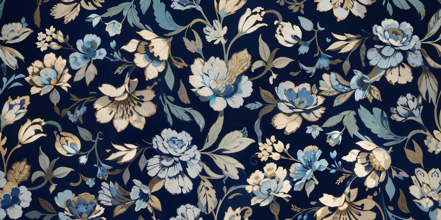 Close-up on blue background,There is a bouquet of flowers on it, inspired by William Morris, ornate flowery, flowery dream, flowery pattern, beatrice blue, Textile printing, Paisley, gorgeous flowers, gilded. flowery, Indigo blooming garden, Baroque fabric, flowery motives, blue forest with flowers, embroidered velvet, Jin brocade dark blue clothes