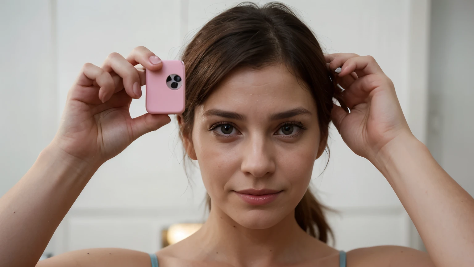perfect face A photorealistic portrait of a perfect face A photorealistic portrait of a 40-year-old British woman taking a selfie. Without a smile. Vector looking straight into the camera. without hiding the shoulders.