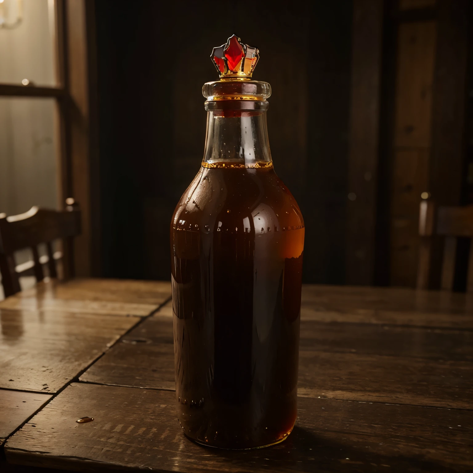 Bottle of glass syrup with no label wearing a red royal cape and crown on wood table in ketchen