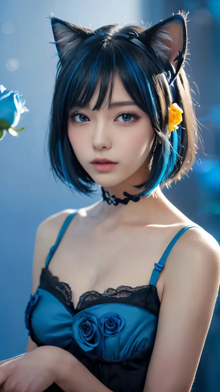 (Emo Art:1.6)masterpiece, 4k, Bokeh, beautiful face, (multiple girls:1.4), Harem, (group photo:1.2), (Cat ear:1.3), (blue medium bob hair:1.4), (blue theme:1.6), looking at the viewer, (Blue roses:1.4), (blue cafe background:1.5), (Upper body shot:1.4)