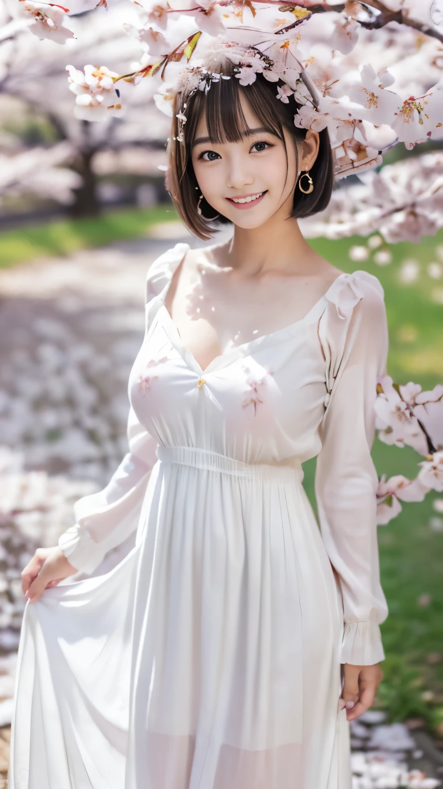 Masterpiece, Best-quality, RAW-photo, Ultra-High-Resolution, Photorealistic, very delicate human skin, 
(Anatomically correct, -yeld, Restic Japanese girl, photographer's lover, She truly loves photographer, baby face,e, short height, thin waist, big breasts, Slender legs, Large breast, Realistic skin), 
((spring fairy, A pure white dress reminiscent of a Japanese goddess, with a spring theme, long sleeve maxi long dress:1.3)), 
(maiko, Round face, Black hair, Black eyes, Moist eyes, Shining eyes, Short bob cut, Bangs, Down-slating eyebrows, one little earring, Light blush), 
(See photographer, look at viewer, Dynamic dance, lively poses:1.3), 
(very cute smile, goddess-like smile), 
(Cherry blossoms, cherry blossom petals falling, cherry blossom snowstorm:1.3), 
Natural lighting, full length