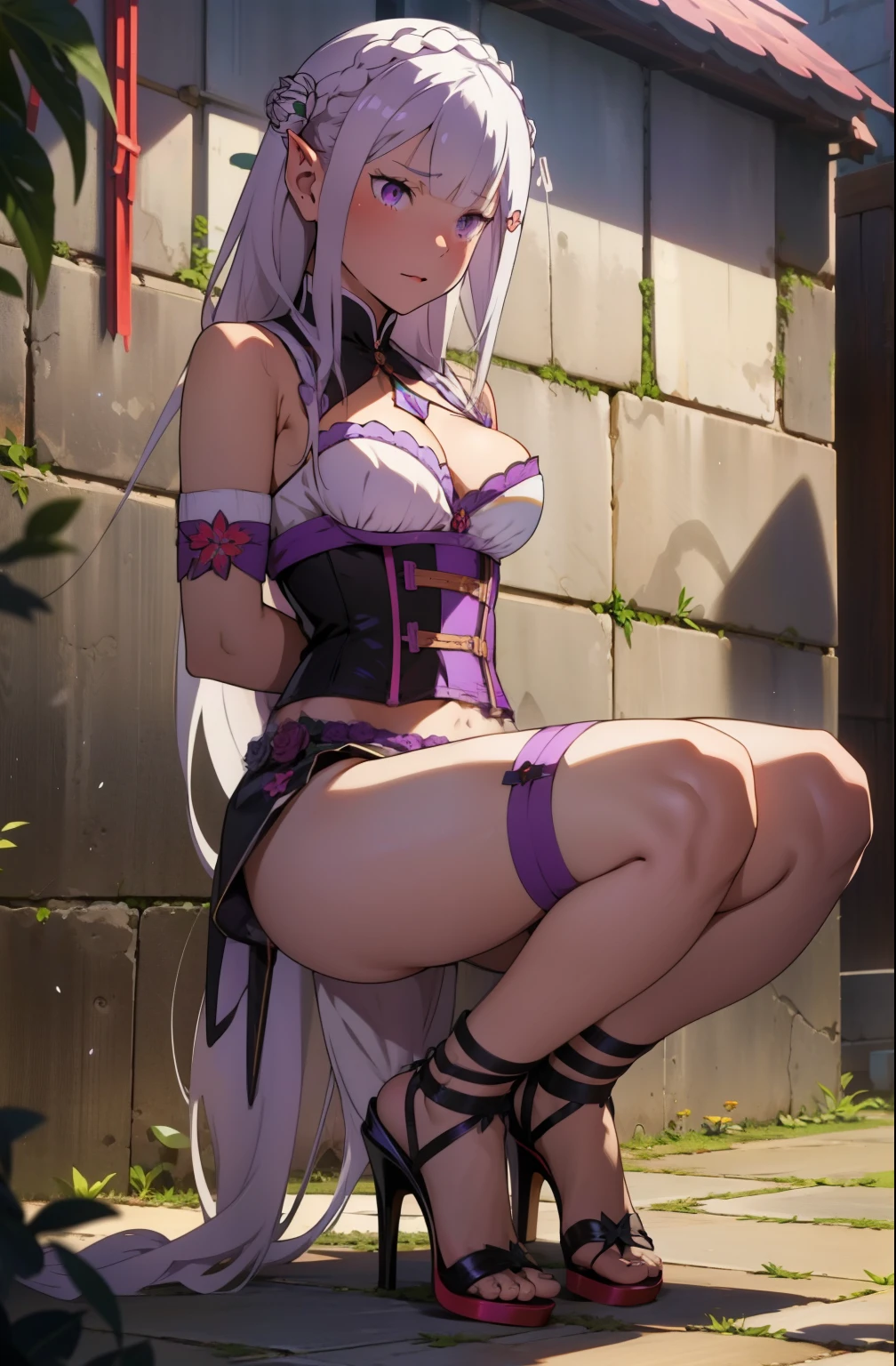Emilia re:zero, purple eyes, Emilia, crown braid, x hair ornament, flower hair ornament, white hair, long hair, medium breasts, black lingerie, cleavage, navel, corset, midriff, tied up, wearing heels, elf ears,