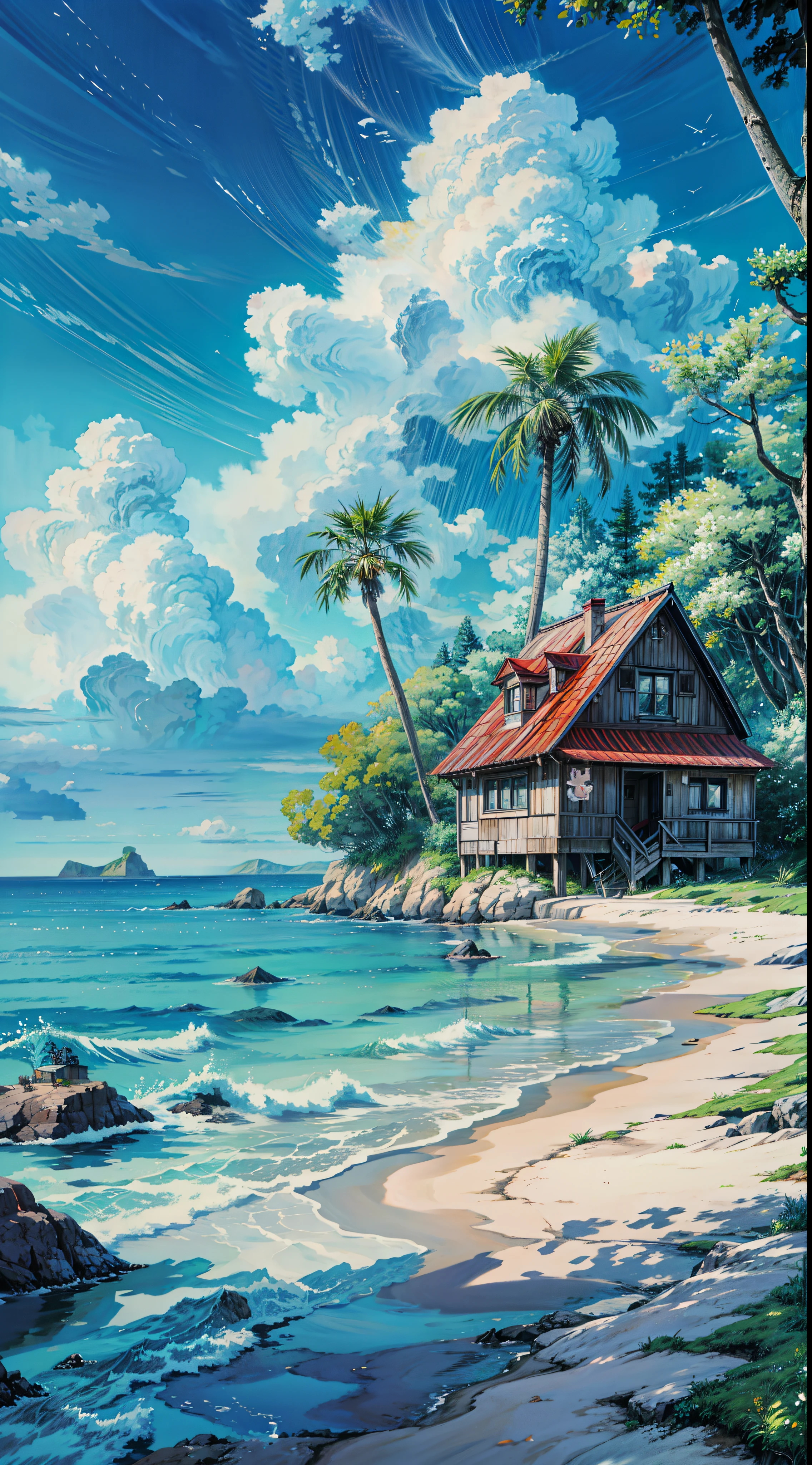 a painting of a house on the beach, ross tran. scenic background, anime scenery, wallpaper anime blue water, anime landscape, blue sea. by makoto shinkai, anime painting, ocean background setting, anime background art, anime nature, magical beach, fantasy sea landscape, anime landscape wallpaper, anime nature wallpap, beautiful anime art, by RHADS, realistic ocean, 4k hd,, beautiful art uhd 4 k, a beautiful artwork illustration, beautiful digital painting, highly detailed digital painting, beautiful digital artwork, detailed painting 4 k, very detailed digital painting, rich picturesque colors, gorgeous digital painting, no human