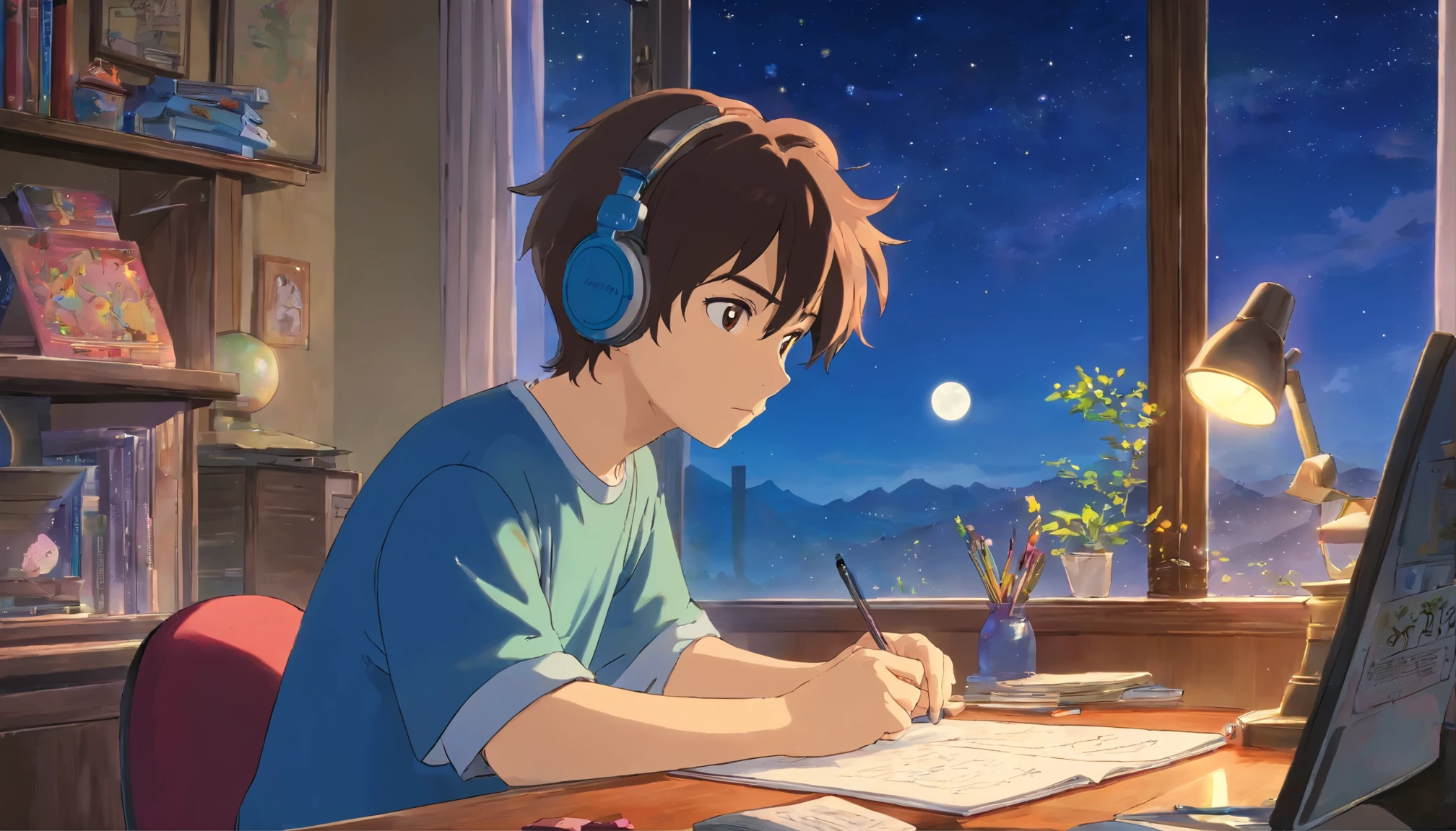 (masterpiece) maleの子 (male) He is sitting in his room studying., on his desk, with headphones on, Geek Decor, video games on the wall, poster, Window with moon and stars, Calm, peaceful, thought, cinematic, color grading, Beautifully color-coded,