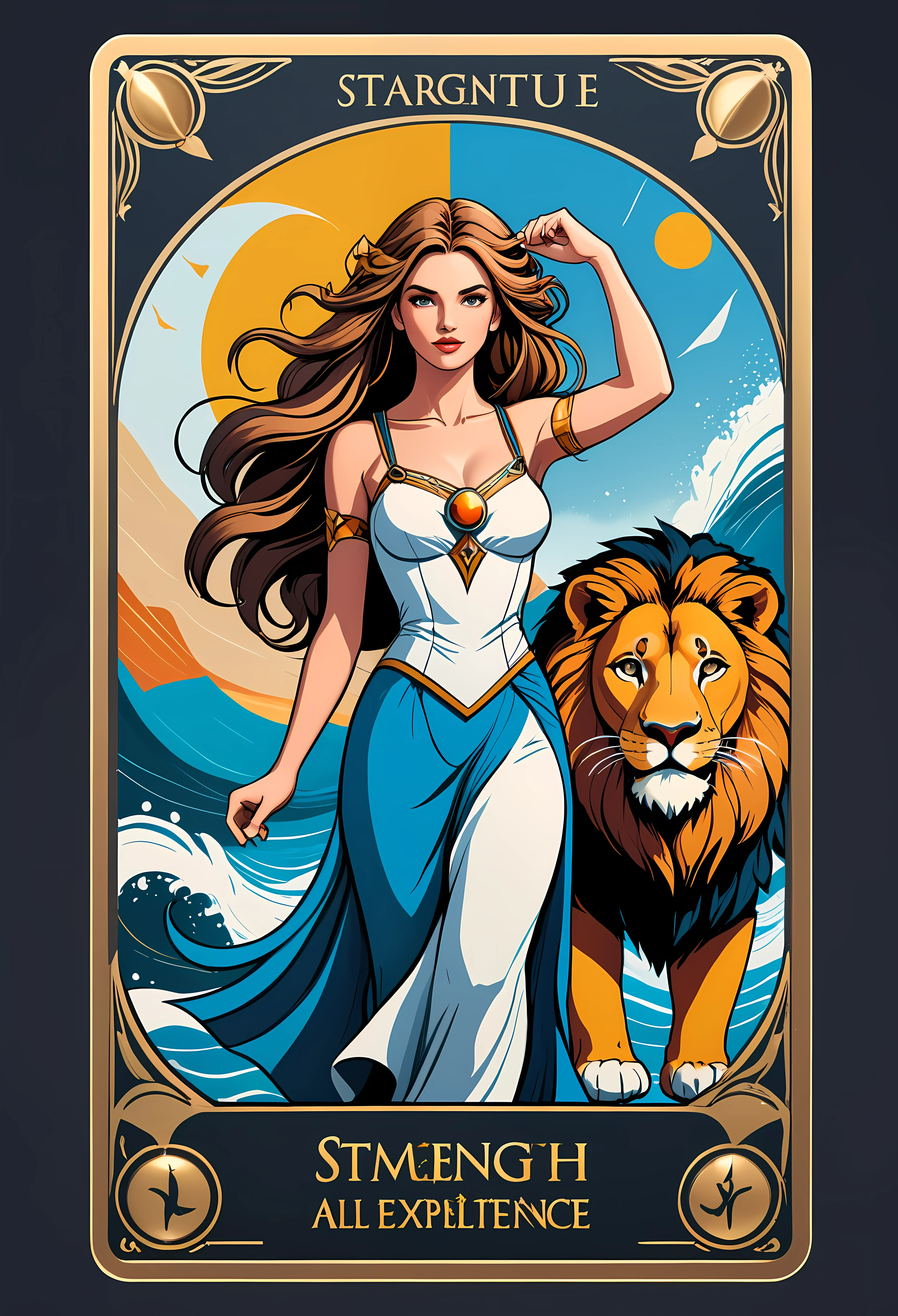 ((Masterpiece in maximum 16K resolution):1.6), ((vector cartoon illustration:)1.5), ((Vector art):1.4), ((Geometric style and minimalism):1.5), ((Wide angle painting):1.2), ((Vectorized):1.2) | ((Vector art of a A illustration of Strength in Tarot Card:1.2), ((Logo text "STRENGTH"):1.25), ((Supermodel beauty with white wavey long hair and aquiline nose):1.2), ((Full body):1.2), ((A Beautiful Maiden with her Lion):1.2), ((sense of majesty):1.1), (shimmer), (visual experience), (Realism), (Realistic), award-winning graphics, dark shot, film grain, extremely detailed, Digital Art, rtx, Unreal Engine, scene concept anti glare effect, All captured with sharp focus. Rendered in ultra-high definition with UHD and retina quality, this masterpiece ensures anatomical correctness and textured skin with super detail. With a focus on high quality and accuracy, this award-winning portrayal captures every nuance in stunning 16k resolution, immersing viewers in its lifelike depiction. Avoid extreme angles or exaggerated expressions to maintain realism. ((perfect_composition, perfect_design, perfect_layout, perfect_detail, ultra_detailed)), ((enhance_all, fix_everything)), More Detail, Enhance. Rendered in ultra-high definition with UHD and retina quality, this masterpiece ensures anatomical correctness and textured skin with super detail. With a focus on high quality and accuracy, this award-winning portrayal captures every nuance in stunning 16k resolution, immersing viewers in its lifelike depiction. Avoid extreme angles or exaggerated expressions to maintain realism. ((perfect_composition, perfect_design, perfect_layout, perfect_detail, ultra_detailed)), ((enhance_all, fix_everything)), More Detail, Enhance.