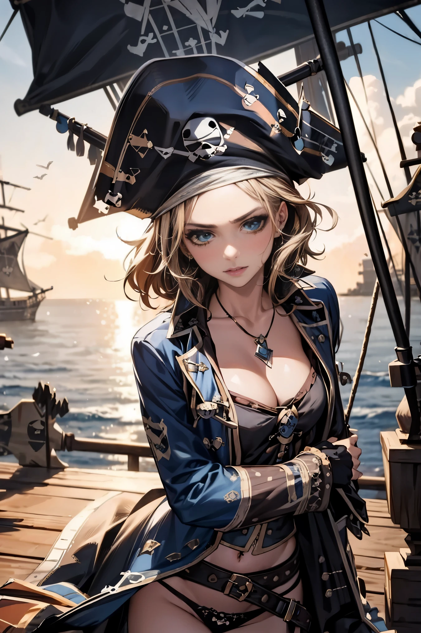 Gorgeous pirate girl on a pirate ship in the sea, sexy girl, dark blonde short curly hair, oily skin, sexy masterpiece, highest quality, highest quality, High resolution, very detailed, 8K, athletic and healthy body, Naughty, perfect hands, fine hands, perfect eyes, fine eyes, frivolous, sexy, realistic, HDR, UHD, dynamic, small , cleavage, intricate details, (pirate clothes:1.6), piercing blue eyes, bright aqua blue eyes, ((NFSW:1.3))