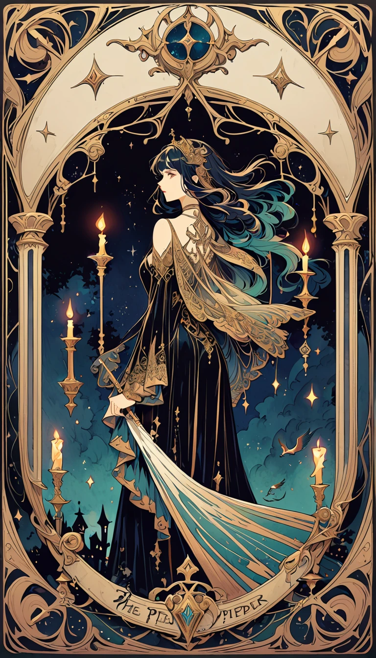 (best quality, highres), The Pied Piper Tarot Card, detailed illustration, vintage style, mystical, magical, enchanting, dark color scheme, candlelit, intricate details, flowing clothes, mesmerizing flute, rats following, hidden symbols, mystical aura