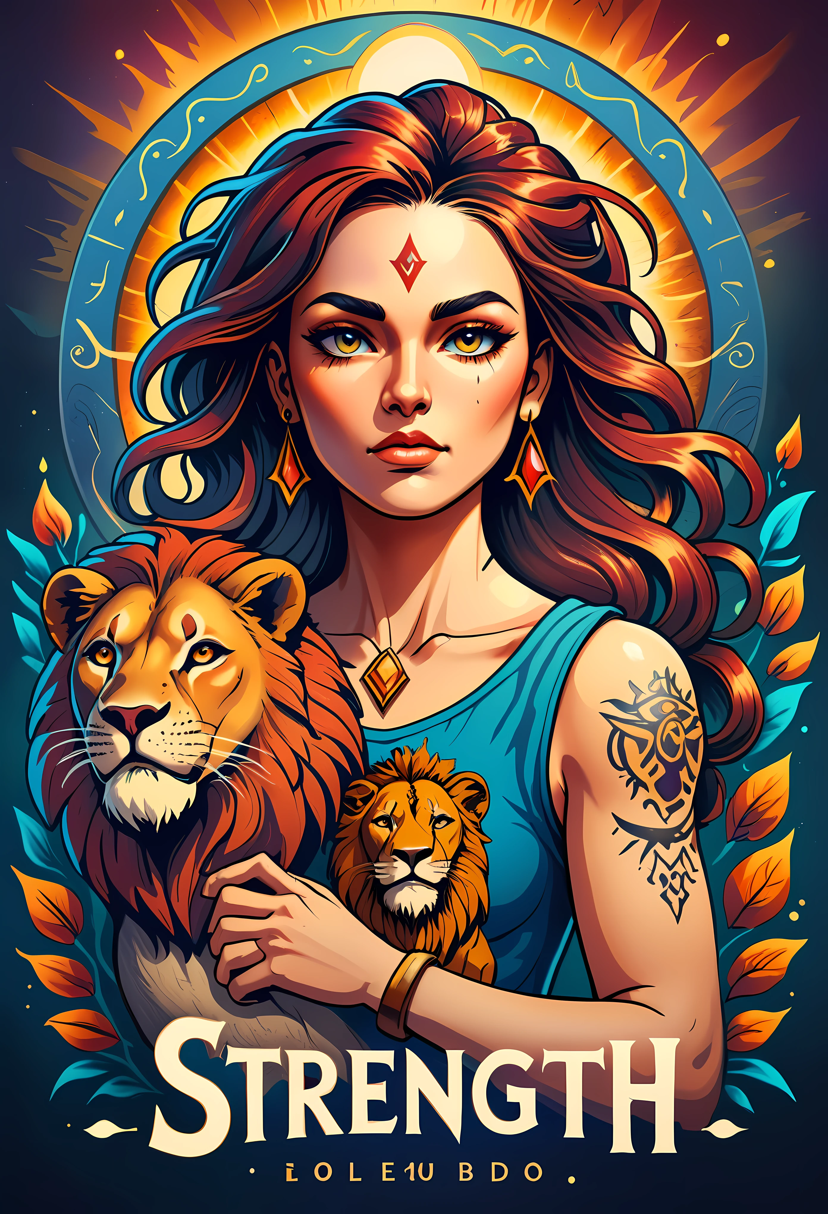 best quality,ultra-detailed,Tarot Card,Strength, ((Logo Text "STRENGTH"):1.25), beautifully illustrated,traditional artwork,tattoo design,rich colors,A strong woman holding a lion,exquisite details,fierce expression,ancient mythology,mystical atmosphere,symbolic elements,bold lines,shading and texture,mythical creatures,deep symbolism,powerful energy,majestic aura,dramatic lighting,meticulous craftsmanship,classic style,vibrant illustrations,emotionally captivating,inspiration for personal growth. Rendered in ultra-high definition with UHD and retina quality, this masterpiece ensures anatomical correctness and textured skin with super detail. With a focus on high quality and accuracy, this award-winning portrayal captures every nuance in stunning 16k resolution, immersing viewers in its lifelike depiction. Avoid extreme angles or exaggerated expressions to maintain realism. ((perfect_composition, perfect_design, perfect_layout, perfect_detail, ultra_detailed)), ((enhance_all, fix_everything)), More Detail, Enhance.
