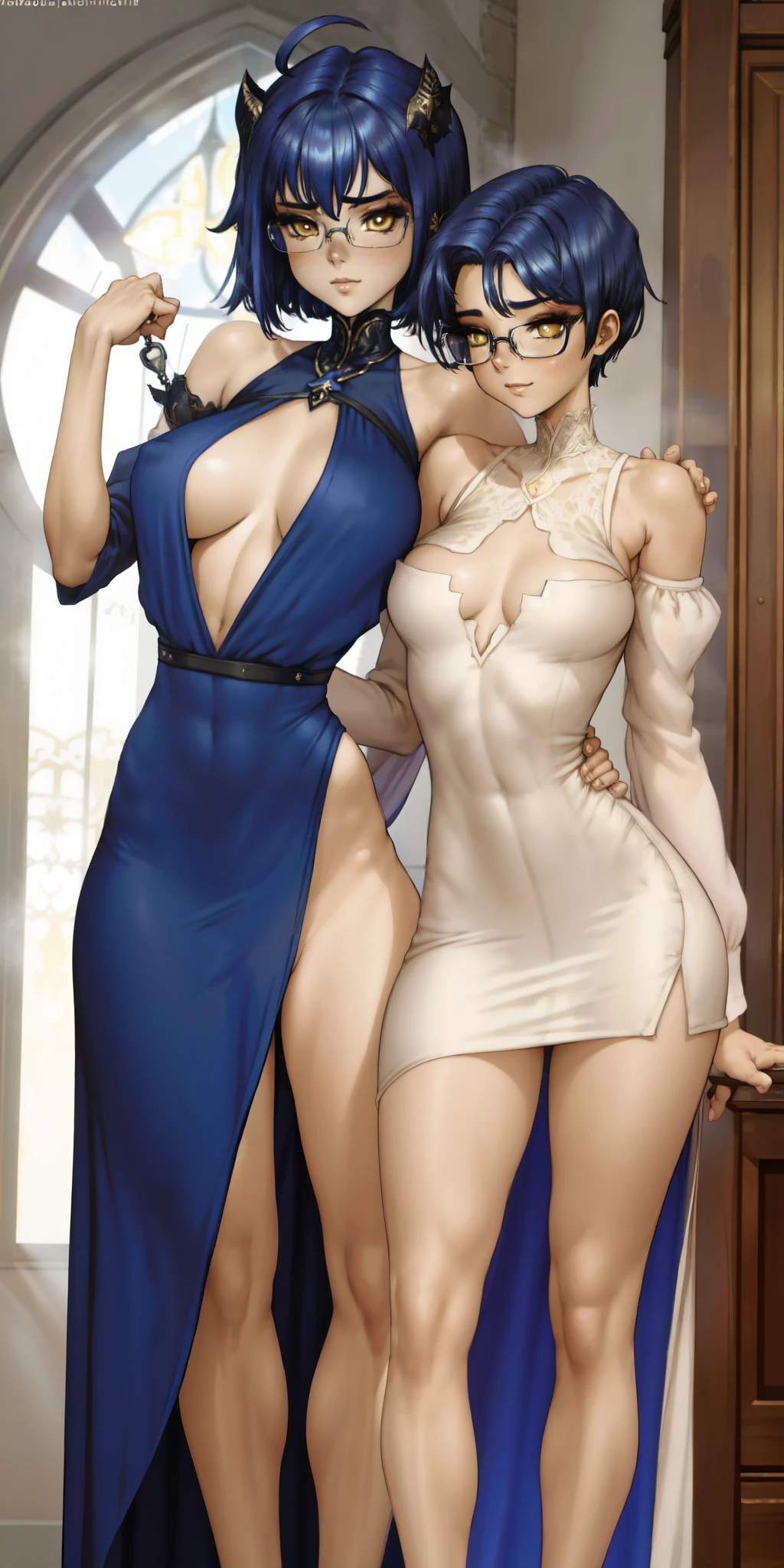 very young slim fit girl, full height, rounded face, (disheveled dark blue hair:1.5), (very short hair:1.4),(big yellow eyes:1.5), shy smile, perfect medium breast, look at you, (ahoge:1.4), (megane:1.3), elegant tight dress, very long dress with slit, tight dress, sexy dress, very long fit leg, 21thshirow, narrow hips, hold hands behind back