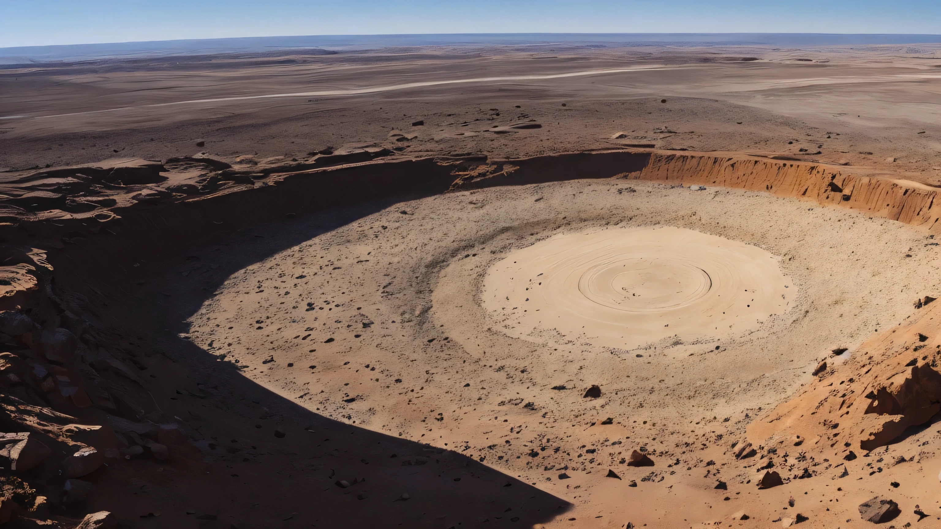 (photographic image, high quality, cinematic, aerial view), a large crater created by a meteorite in a desert, rocks and fragments scattered everywhere, low sunlight, evocative scene.