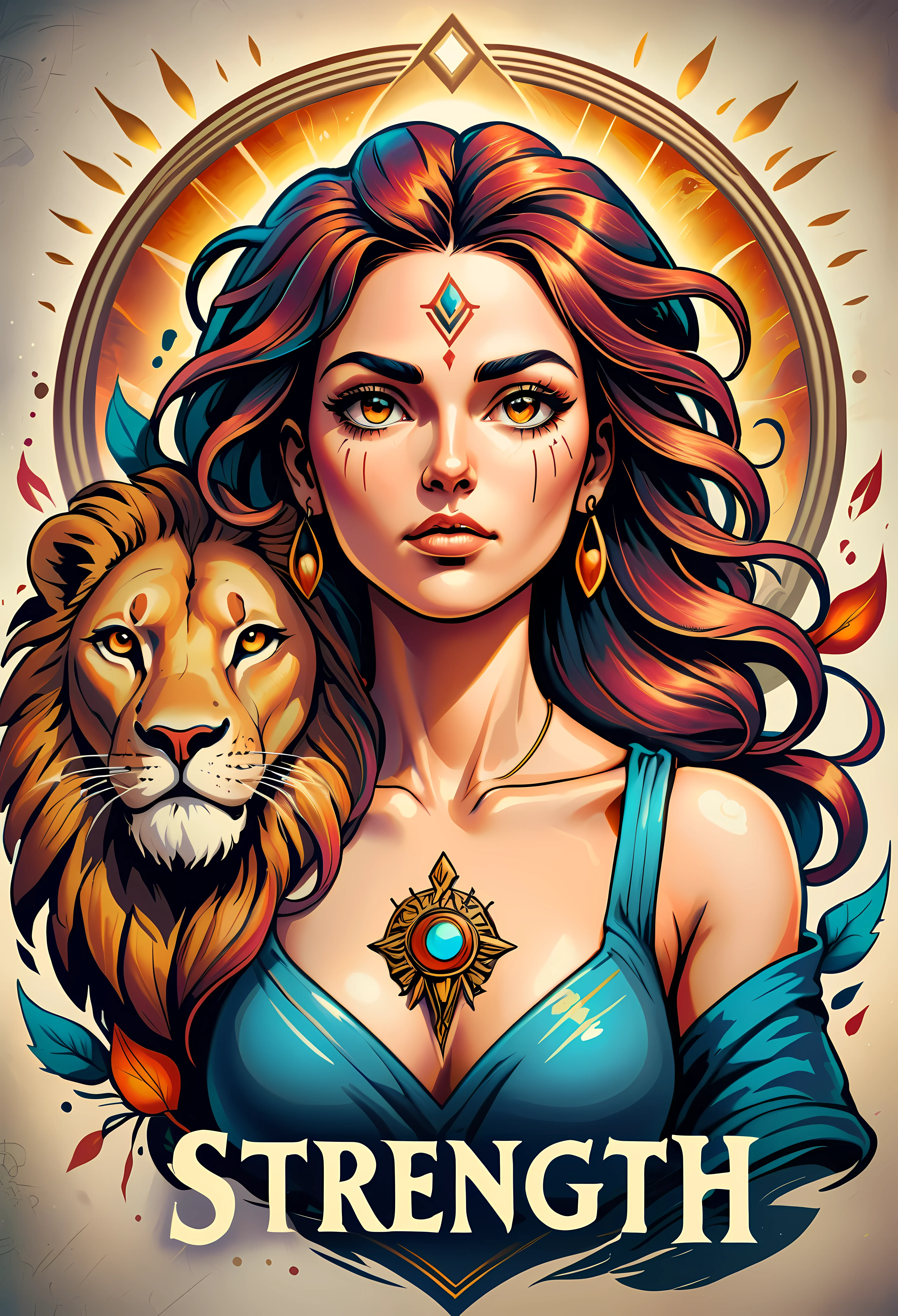 best quality,ultra-detailed,Tarot Card,Strength, ((Logo Text "STRENGTH"):1.25), beautifully illustrated,traditional artwork,tattoo design,rich colors,A strong woman holding a lion,exquisite details,fierce expression,ancient mythology,mystical atmosphere,symbolic elements,bold lines,shading and texture,mythical creatures,deep symbolism,powerful energy,majestic aura,dramatic lighting,meticulous craftsmanship,classic style,vibrant illustrations,emotionally captivating,inspiration for personal growth. Rendered in ultra-high definition with UHD and retina quality, this masterpiece ensures anatomical correctness and textured skin with super detail. With a focus on high quality and accuracy, this award-winning portrayal captures every nuance in stunning 16k resolution, immersing viewers in its lifelike depiction. Avoid extreme angles or exaggerated expressions to maintain realism. ((perfect_composition, perfect_design, perfect_layout, perfect_detail, ultra_detailed)), ((enhance_all, fix_everything)), More Detail, Enhance.
