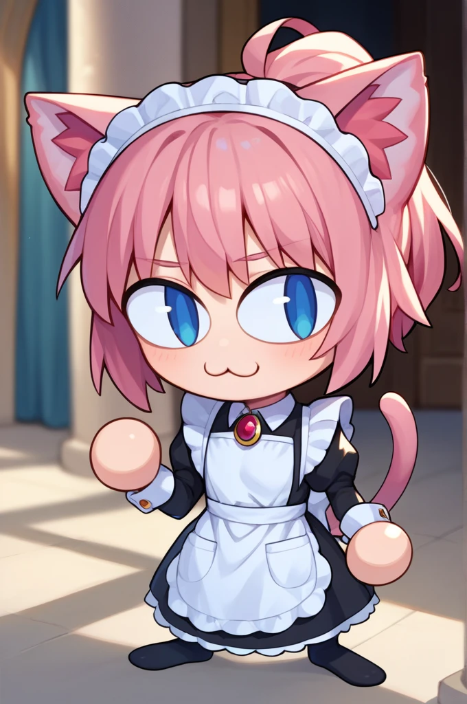 score_9, score_8_up, score_7_up, score_6_up, score_5_up, score_4_up, BREAK, 1girl, solo, necoarc, lit pupils, cat ears, chibi, :3,  feliciadef, pink hair, ponytail, blue eyes, maid headdress, brooch, maid apron, black thighhighs, bridal gauntlets, castle, indoors,