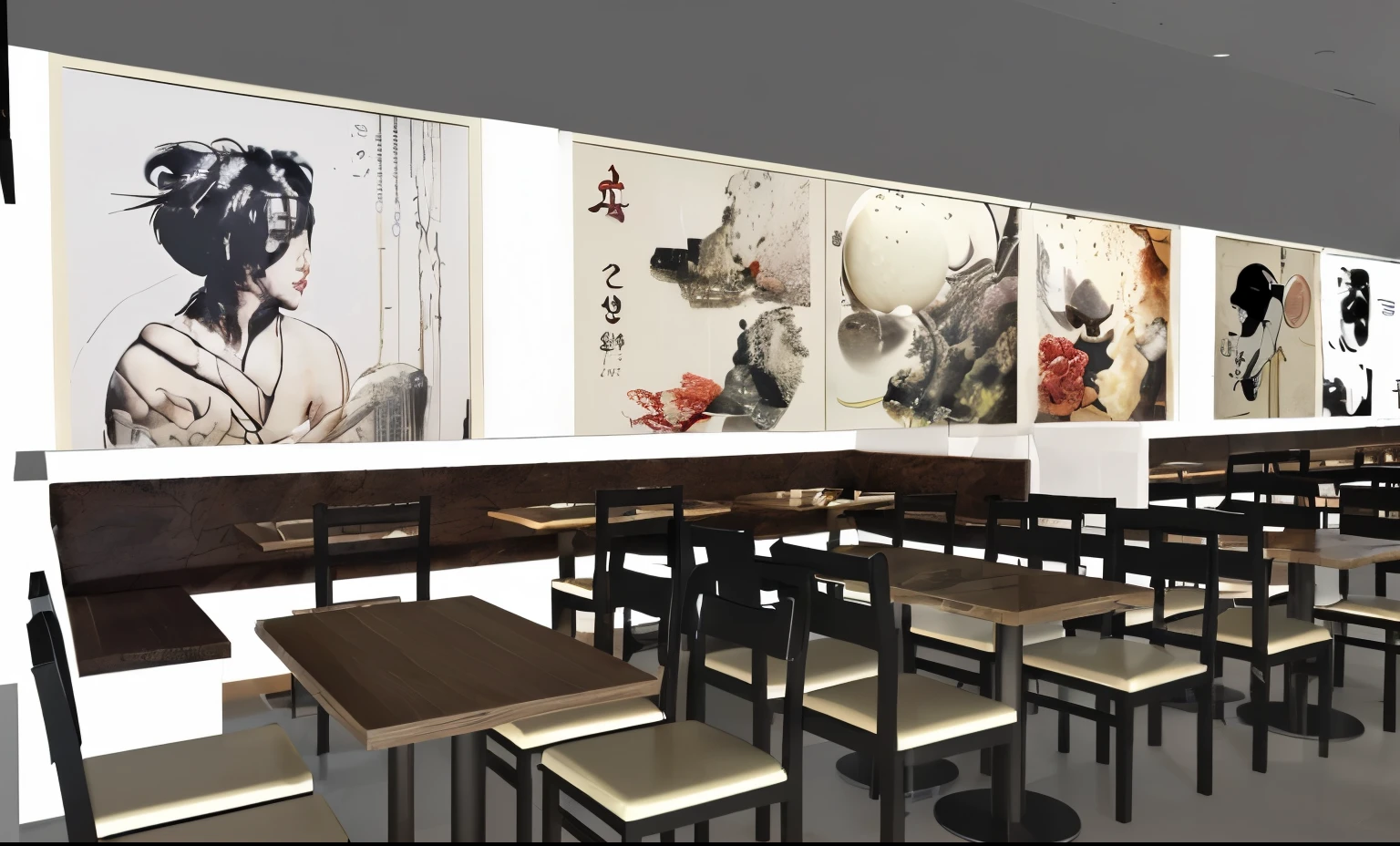 design a noodle restaurant kitchen, modern style, luxyry, interior design, concept is sun on the ceiling, moon on the floor. use natural stone, dark metal and wood.