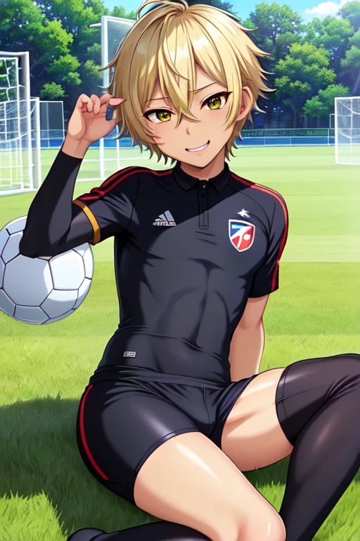 (((official art,Ultra-fine illustration,High resolution,  最high quality,最high quality,)))high quality, become familiar with, ( boy),12 yeaung ace striker male idol with a super cute face,A boy as beautiful as Planding, long legs, thighs, feet, (There is no swelling in the chest), (black hair、short hair)、(Tight shiny white and green soccer uniform bodysuit), (tight and shiny spats), (soccer socks), lawn area, (厚いthighs)、(((soccer field in the park)))、((Saucy、))、grin and laugh、feetを広げて,Ultra-fine painting, ,service shot、bulge in crotch、(((Soccer ball in the crotch))),(((Vulgarity))),((blonde short hair、black skin:1.2)),