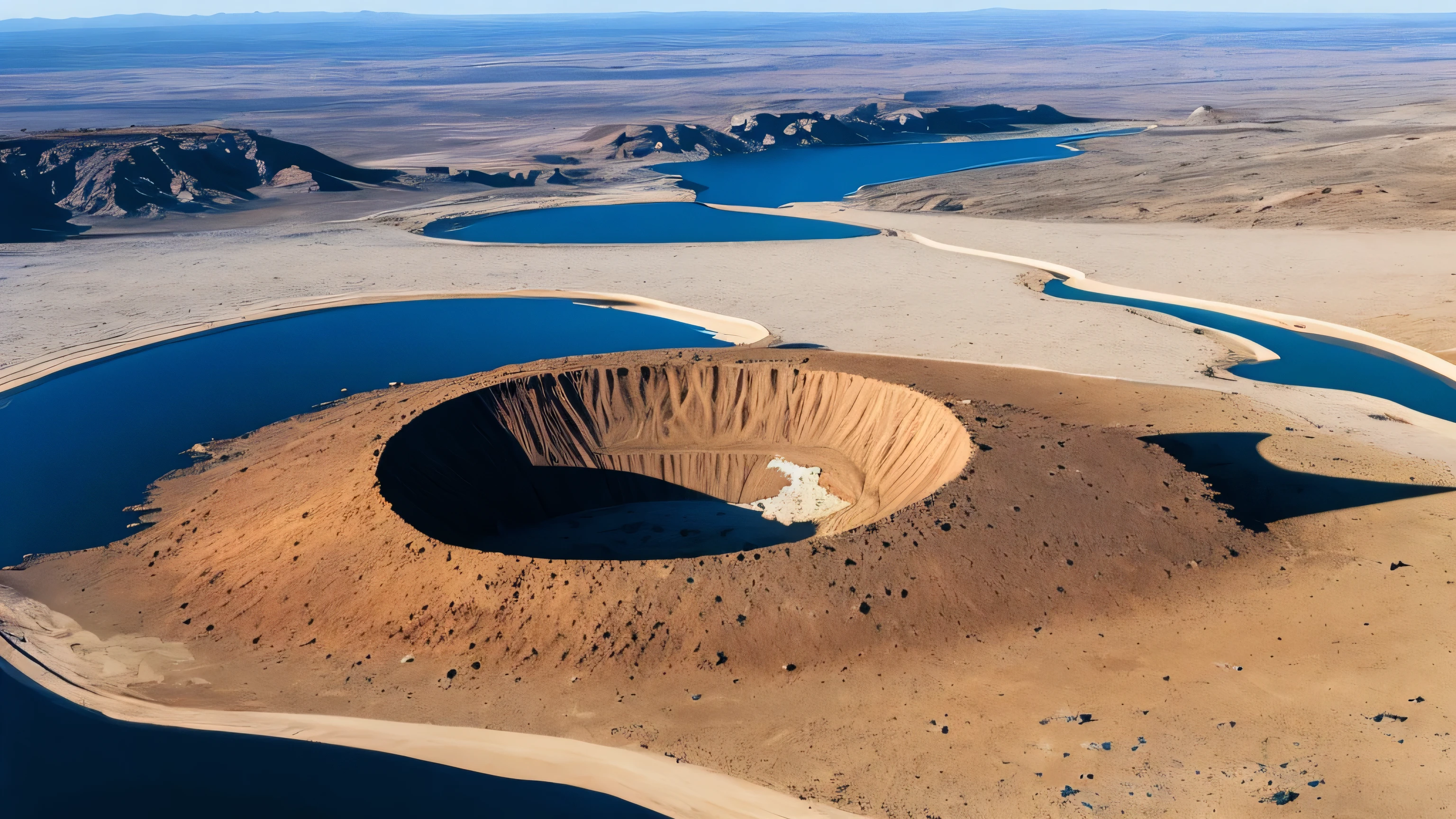 (photographic image, high quality, cinematic, aerial view), a large crater created by a meteorite in a desert, rocks and fragments scattered everywhere, low sunlight, evocative scene.