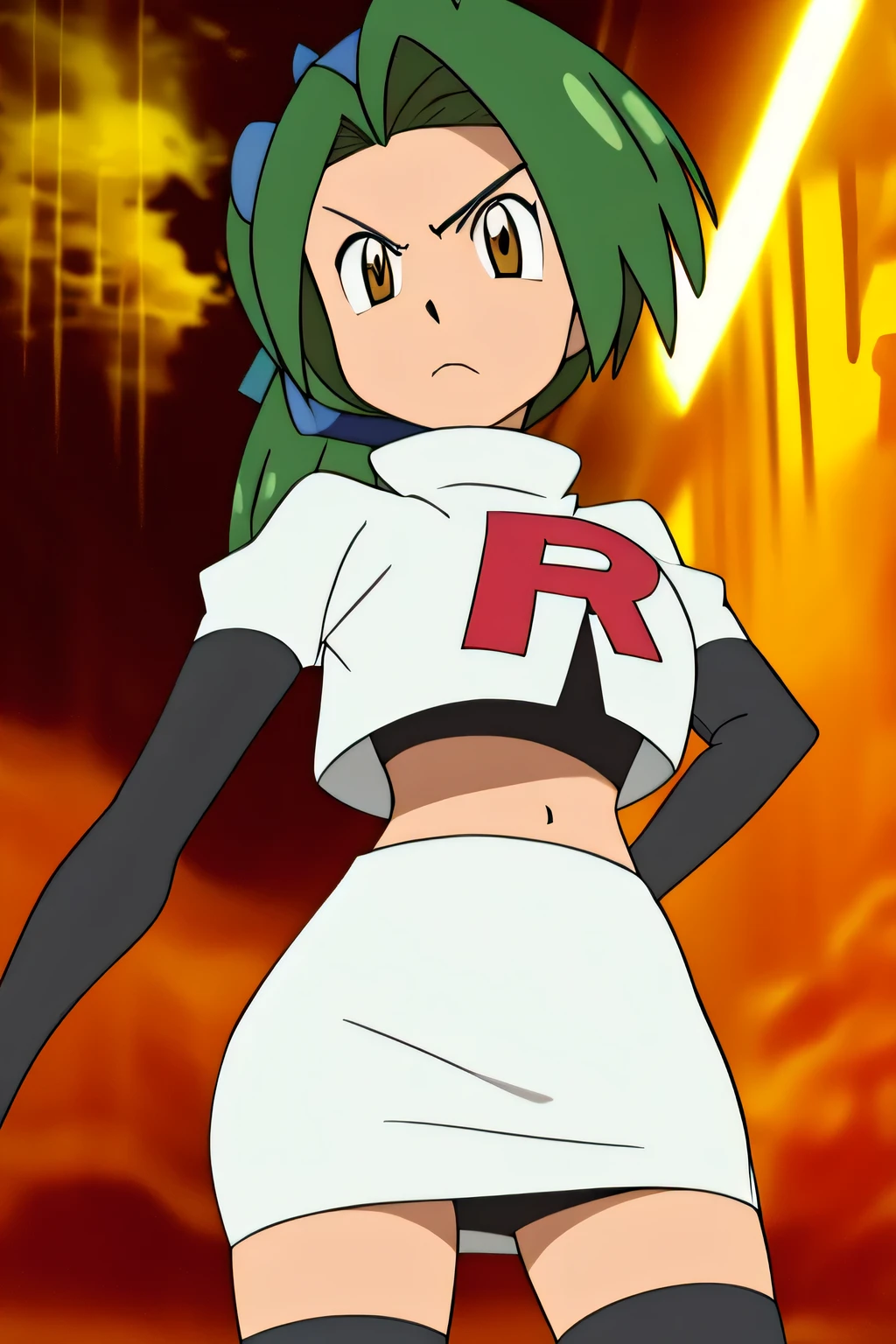 8k, masterpiece,highres,very large breast, team rocket uniform, red letter r, white skirt,white crop top,black thigh-high boots, black elbow gloves, glaring angrily, looking down at viewer, hands on hips, cowboy shot, zettai ryouiki,from below, black panties,anime style, vivid colors, sharp focus, intense lighting,fujibayashi suzu