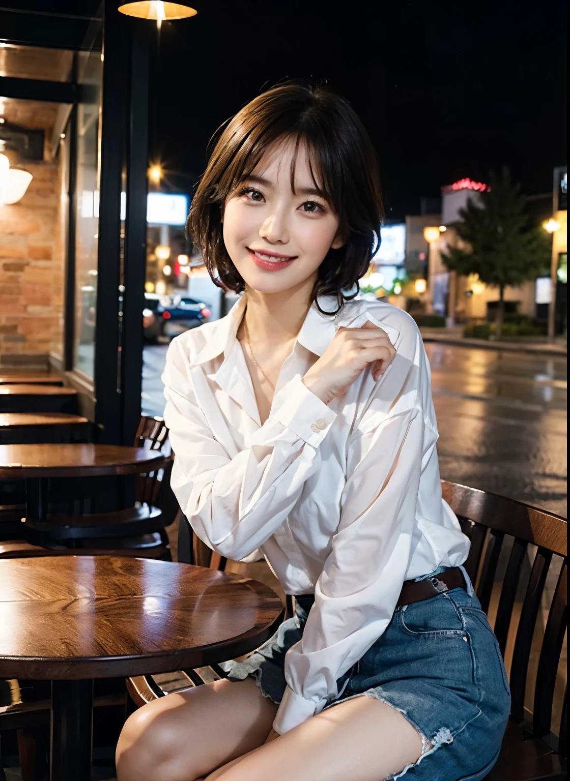 (8K, best quality, masterpiece:1.2), (actual, photo-actual:1.37), Super detailed, 1 girl,Lovely, alone,beautiful detailed sky,Detail of cafe,night,sitting,Dating,(nose blushing),(Smile:1.15),(Keep your mouth shut) small breasts,Beautiful and delicate eyes,(collared shirt:1.1), night, wet,Professional attire, rain,white lace, (short hair:1.2),Flowing HairNovaFrogStyle,,