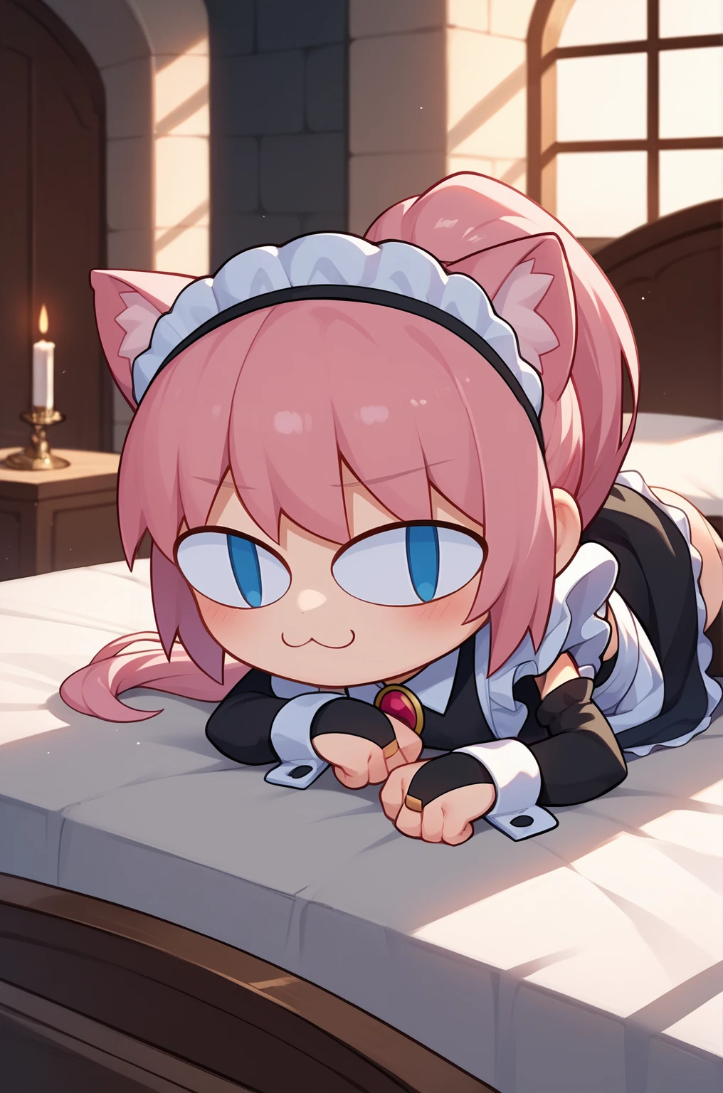 score_9, score_8_up, score_7_up, score_6_up, score_5_up, score_4_up, BREAK, 1girl, 1boy, necoarc, lit pupils, cat ears, chibi, :3, feliciadef, pink hair, ponytail, blue eyes, maid headdress, brooch, maid apron, black thighhighs, bridal gauntlets, castle, indoors, analz doggystyle, laying down, on bed, bedroom, sex, huge penis, anal sex