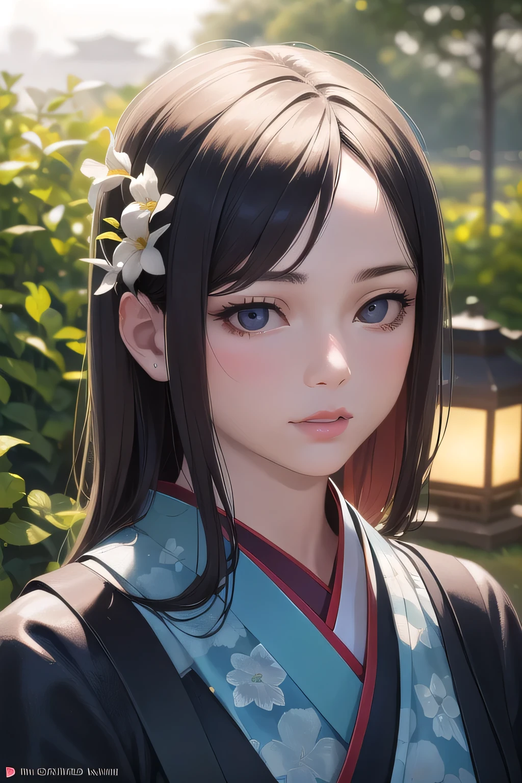 (best quality,4k,8k,highres,masterpiece:1.2),ultra-detailed,(realistic,photorealistic,photo-realistic:1.37),A girl in a garden,beautiful detailed eyes,beautiful detailed lips,extremely detailed eyes and face,longeyelashes,kimono,HDR,UHD,studio lighting,ultra-fine painting,sharp focus,physically-based rendering,extreme detail description,professional,vivid colors,bokeh,portraits,landscape,Korean traditional garden,traditional lantern,serene atmosphere,colorful flowers,soft sunlight,graceful posture,Taewoo Garden
