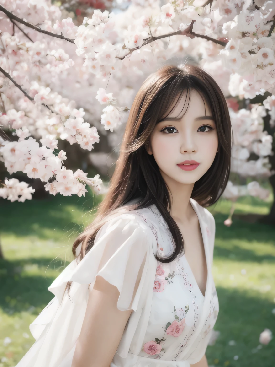 A woman in a white dress stands under a tree with pink flowers, beautiful south korean woman, beautiful young korean woman, korean girl, gorgeous young korean woman, Korean popular makeup, korean woman, beautiful asian girl, Urzan, Huang Shishi, Chinese girl, Hungry Ghost Festival, Korean popular makeup, Avatar profile picture
