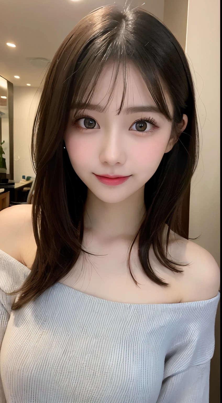 table top, highest quality, shape, Super detailed, finely, High resolution, 8k wallpaper, 完璧なダイナミックな構shape, beautiful and detailed eyes, gorgeous spring clothes,beautiful straight hair,small breasts,natural color lip, 20 year old girl、cute、looking at the camera,Always blur the background,perfect and beautiful face,Beautiful and dense face、slim face and style,Big eyes、Do gal makeup,real photos（best image quality）、Woman&#39;s face、fashion model pose、Step away from the camera and take a full body photo、Smile、off shoulder