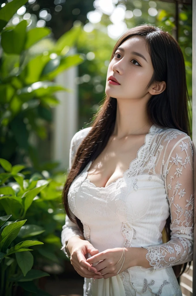 8k, best quality, Medium close-up, (white kebaya )、(luxury kebaya ),(top-quality,masterpiece:1.3,超A high resolution,),(ultra-detailliert,Caustics),(Photorealsitic:1.4,RAW shooting,)Ultra-realistic capture,A highly detailed,high-definition16Kfor human skin, Cute and lovely Korean girl, realistic, ultra detail, photo realistic, Increase quality,
standing in a garden with a scarf, garden, (large breast), (cleavage ), close-up shot, mouth,dark-haired, long hair, (depth of fields、chromatic abberation、Wide range of lighting、Natural Shading、)、(Exterior light at night:1.4)、(Hair swaying in the wind:1.2).