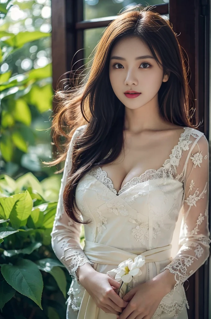 8k, best quality, Medium close-up, (white kebaya )、(luxury kebaya ),(top-quality,masterpiece:1.3,超A high resolution,),(ultra-detailliert,Caustics),(Photorealsitic:1.4,RAW shooting,)Ultra-realistic capture,A highly detailed,high-definition16Kfor human skin, Cute and lovely Korean girl, realistic, ultra detail, photo realistic, Increase quality,
standing in a garden with a scarf, garden, (large breast), (cleavage ), close-up shot, mouth,dark-haired, long hair, (depth of fields、chromatic abberation、Wide range of lighting、Natural Shading、)、(Exterior light at night:1.4)、(Hair swaying in the wind:1.2).