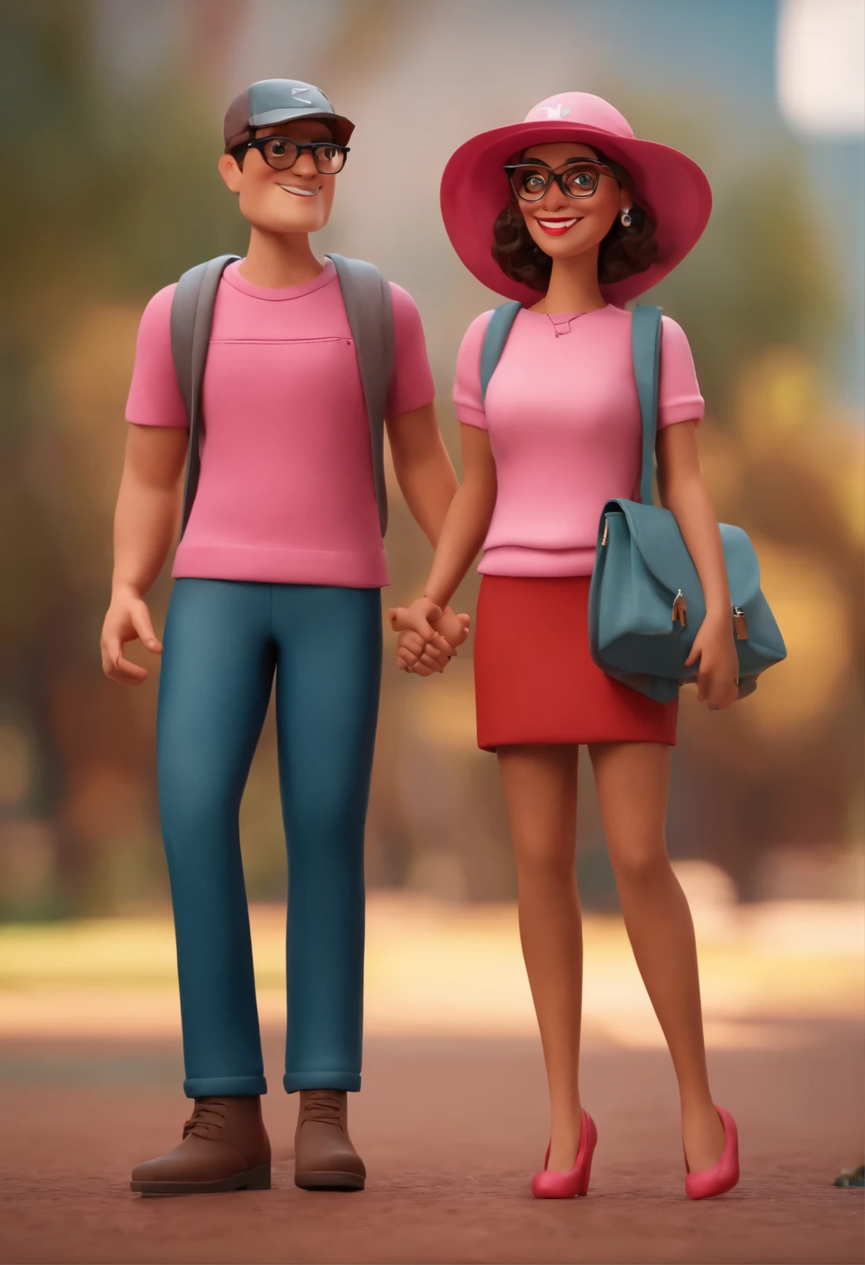 Parejas Estilo Pixar, ....3d, dibujos animados, skinny bride with pink t-shirt glassesgroom in brown jacket with red cap 