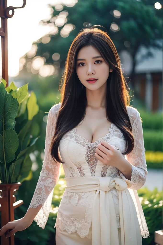 8k, best quality, Medium close-up, (white kebaya )、(luxury kebaya ),(top-quality,​masterpiece:1.3,超A high resolution,),(ultra-detailliert,Caustics),(Photorealsitic:1.4,RAW shooting,)Ultra-realistic capture,A highly detailed,high-definition16Kfor human skin, Cute and lovely Korean girl, realistic, ultra detail, photo realistic, Increase quality, 
 standing in a garden with a scarf, garden, (large breast), (cleavage ), close-up shot,  mouth,dark-haired, long hair, (depth of fields、chromatic abberation、Wide range of lighting、Natural Shading、)、(Exterior light at night:1.4)、(Hair swaying in the wind:1.2).