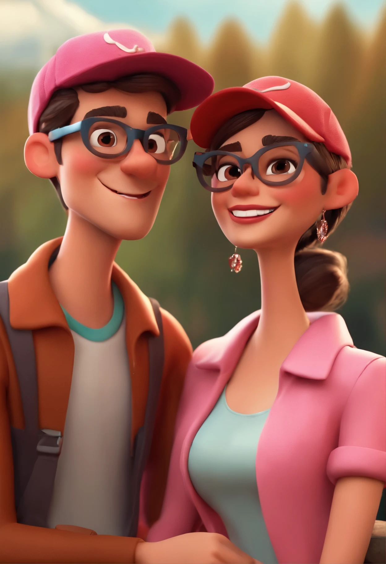 Parejas Estilo Pixar, ....3d, dibujos animados, skinny bride with pink t-shirt glassesgroom in brown jacket with red cap