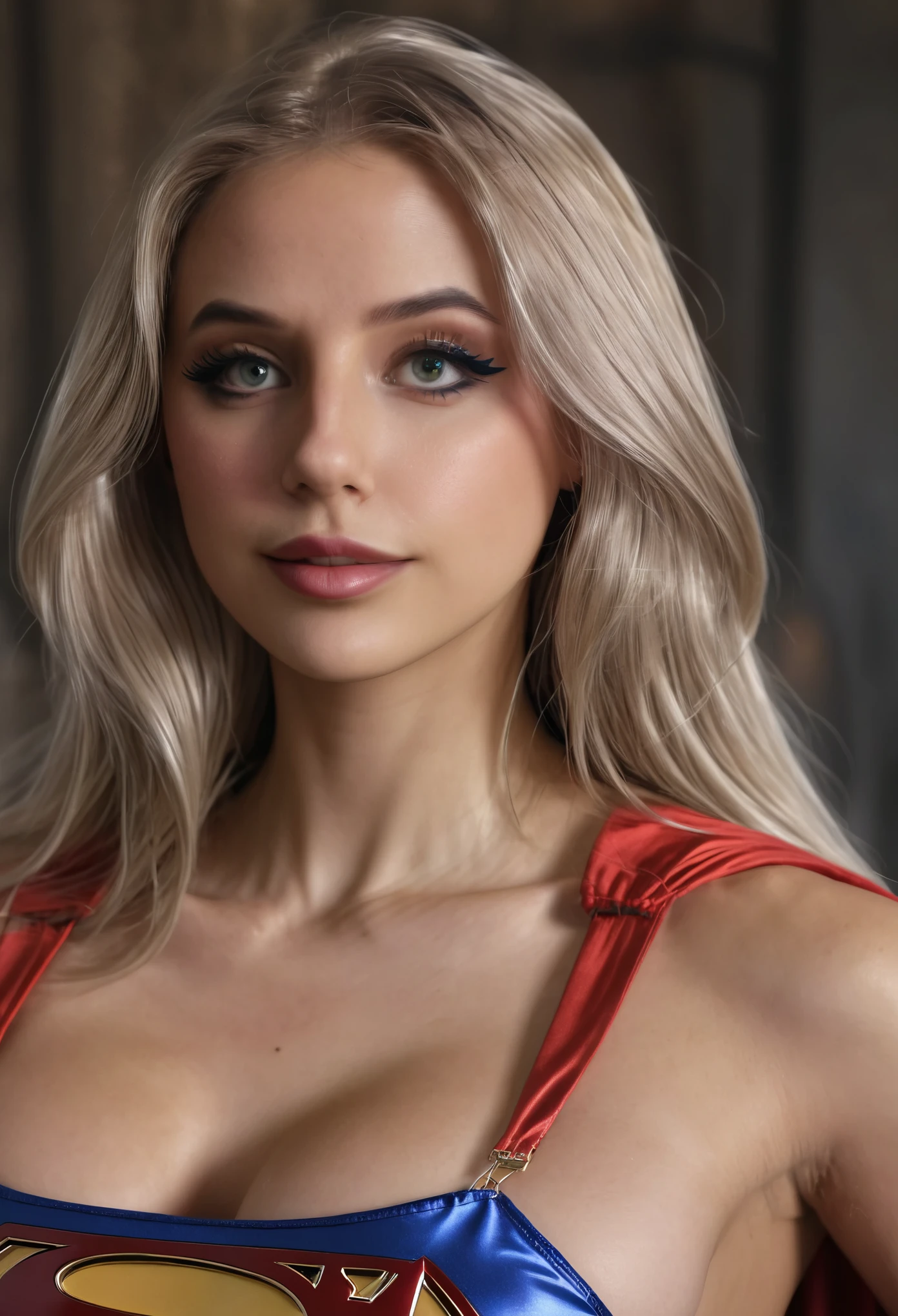 A beautiful sexy woman wearing a Supergirl cosplay outfit, detailed realistic 4k highres masterpiece:1.2, UHD