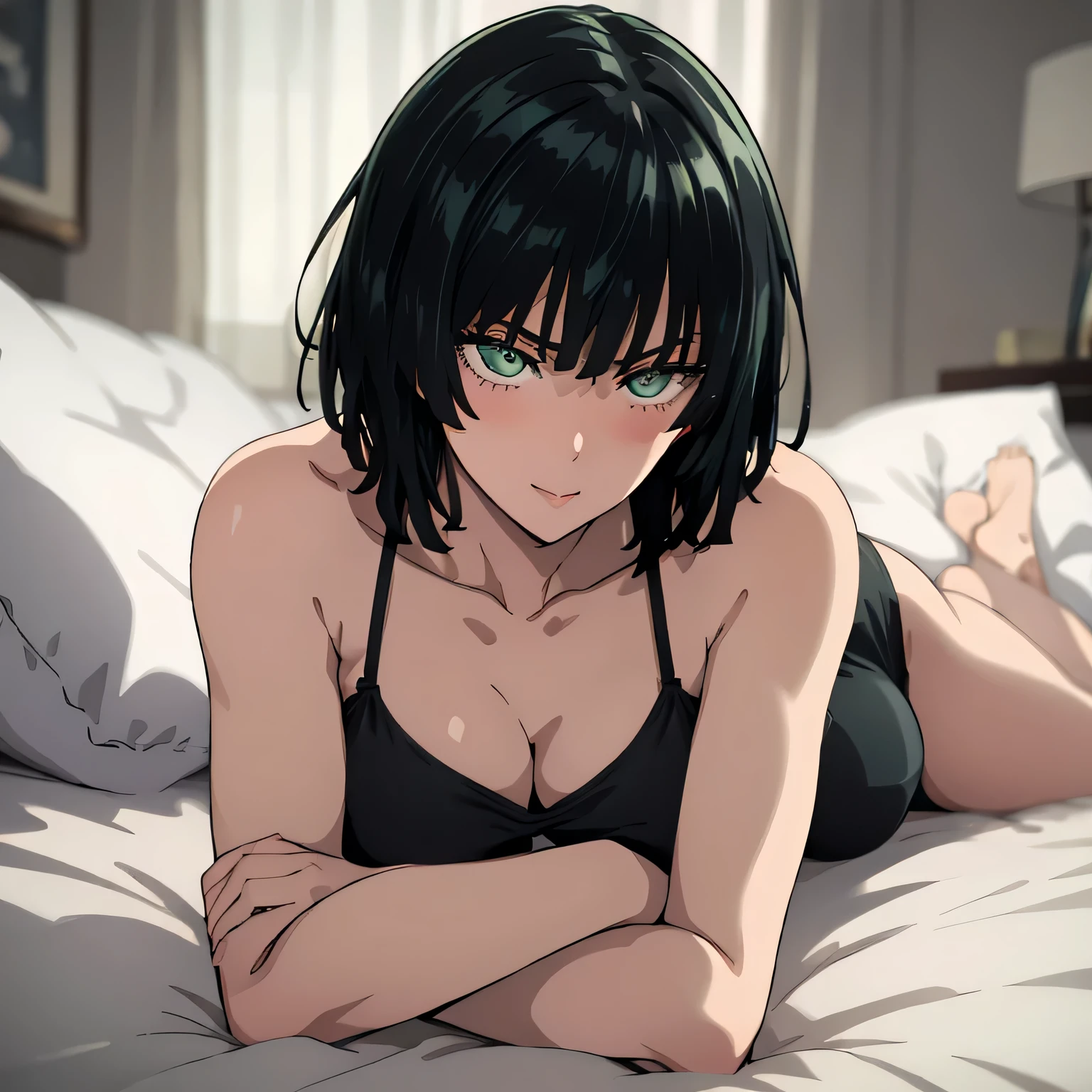 Masterpiece, ultra-detailed, One girl, lying on bed, Narrow waist, sexy hips, Full body view, Fubuki reclining on her back, Pillow hugged closely above head, Armpits exposed as she raises hand, Blushing face with a seductive smile, Flirty gaze, Inviting expression, No blurring, Ultra HD, Smooth rendition, Perfectly defined features.