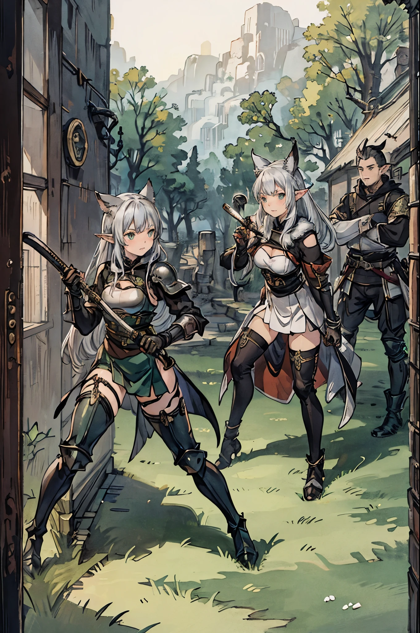 miqo'te, silver hair, elf ears, rogue, katana, emerald green eyes, cat tail, armor is black, , fighting, high definition, giant moon in the sky, wearing armor,